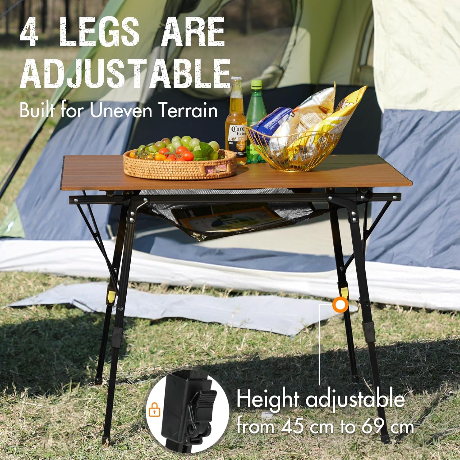 Detalle de PORTAL Campingtisch faltbar, höhenverstellbar aus Aluminium 90 × 53 cm – leichter Klapptisch für 4 Personen