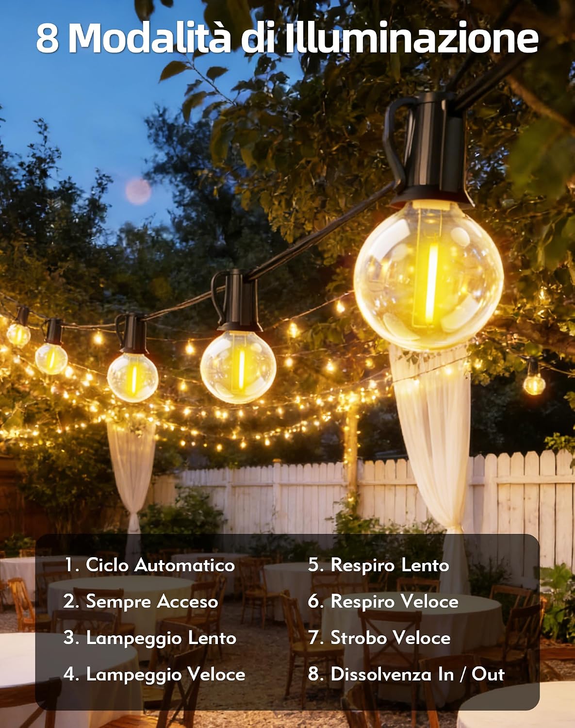 Detalle de Rovlak Catena Luminosa Esterno Solare 10M con 15+1 LED G40 – 8 modalità, controllo luminosità e ricarica USB