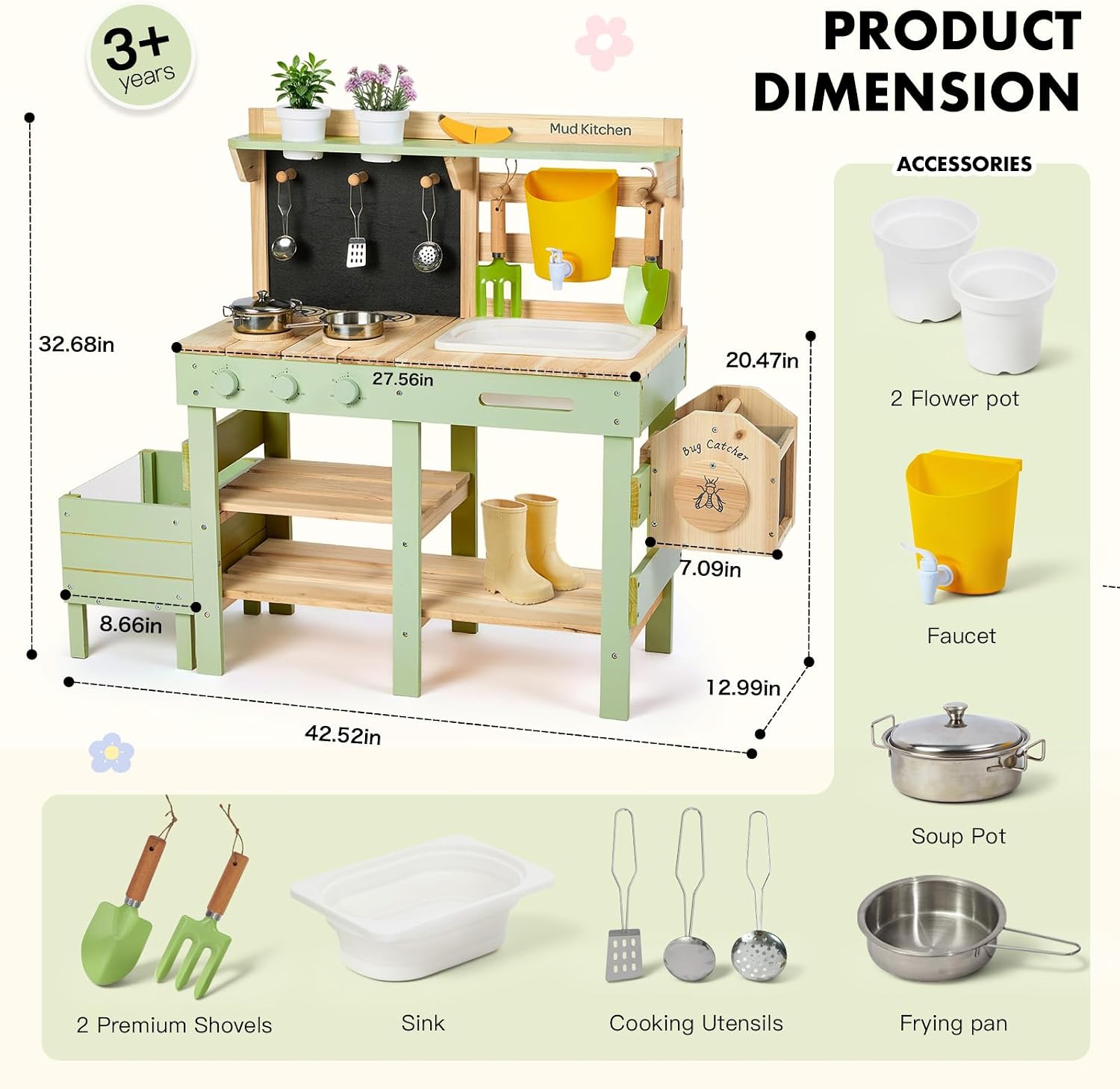 Detalle de Labebe Matschküche Kinder Outdoor – 3-in-1 Spielküche mit Spüle, Pflanzkasten und Insekten-Beobachtungsbox