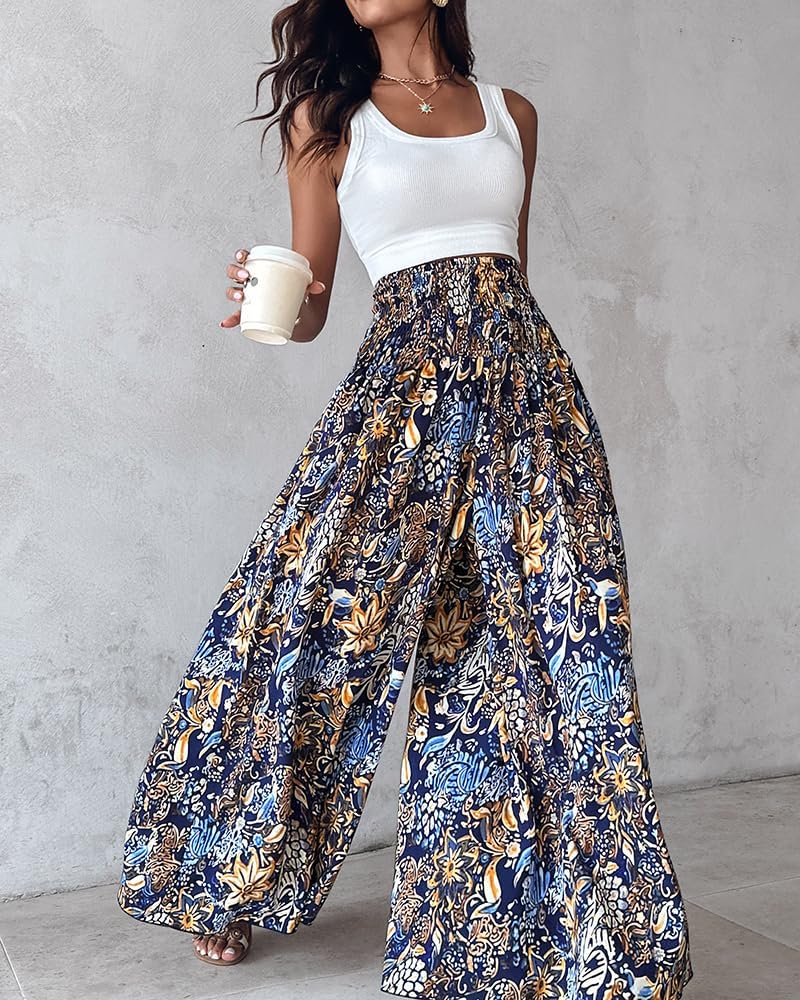Detalle 2 de CHICME Boho Floral Shirred High-Waisted Wide Leg Palazzo Pants