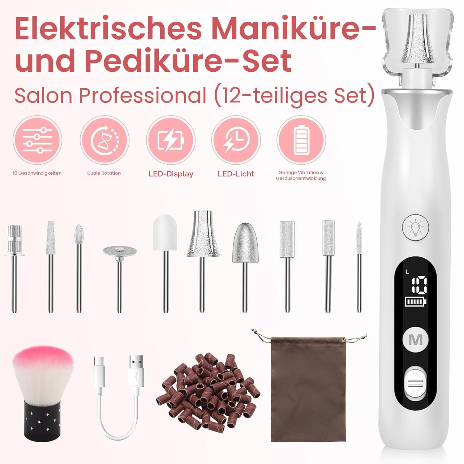 Thumbnail 1 de Elektrisches Maniküre-/Pediküre-Set mit LED, 10 Aufsätzen und 10 Geschwindigkeiten – kabellos für Nägel & Hornhaut