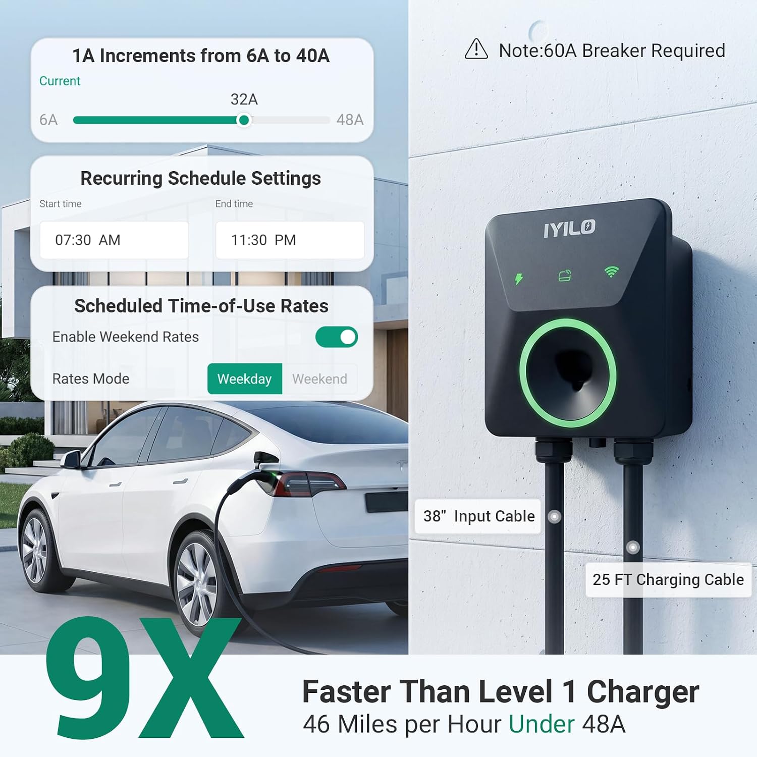 Thumbnail 1 de IYILO Level 2 EV Charger for Tesla (48A, 11.5kW, 240V) with Power Sharing and WiFi Smart App