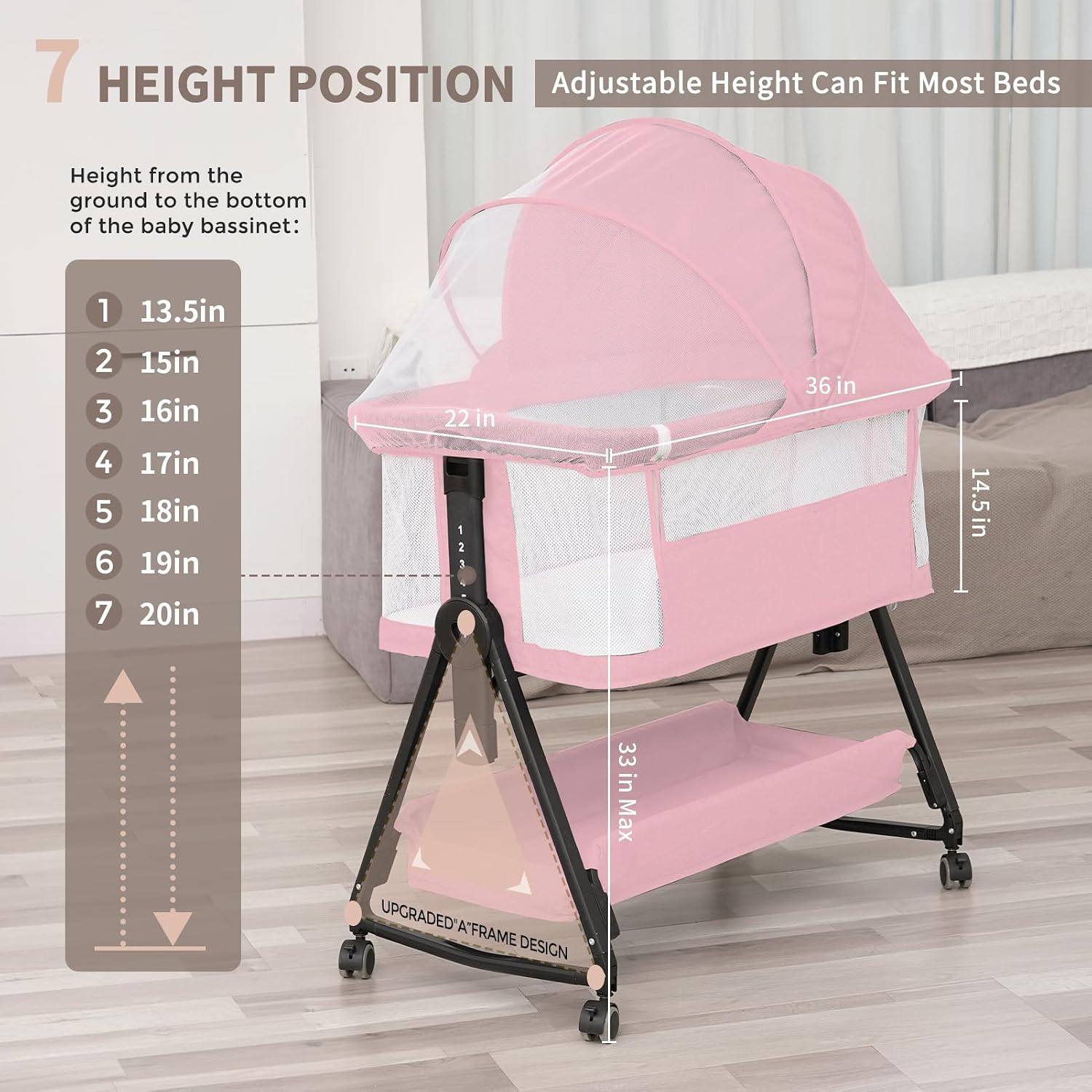 Detalle de Jestonten JJ001 3-in-1 Bedside Bassinet, 7 Height Settings, Pink
