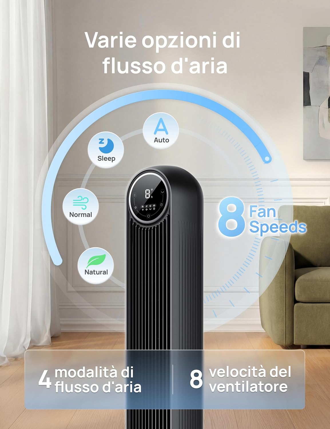 Detalle 2 de Dreo 20dB ventilatore a torre silenzioso con telecomando, 4 velocità, oscillazione 90° e timer 1–8 ore