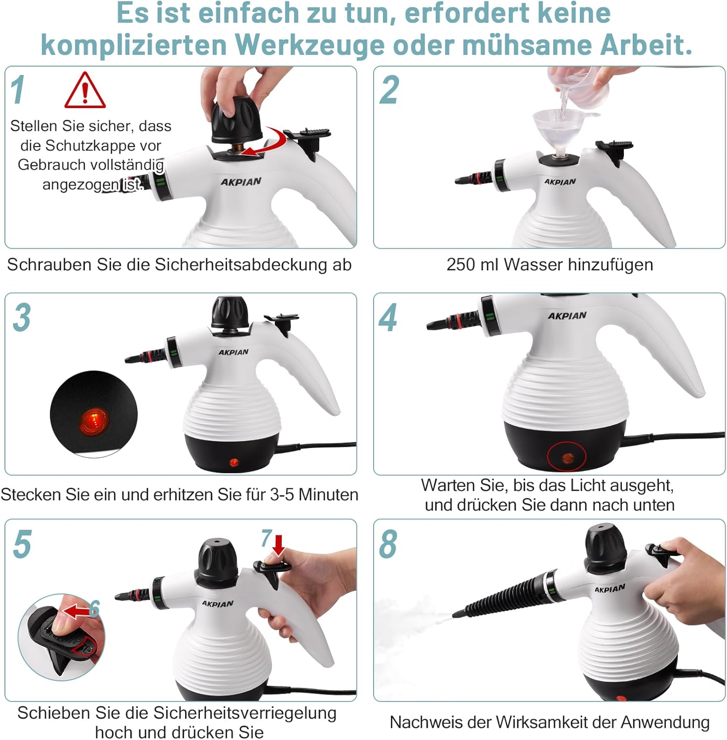 Thumbnail 5 de AKPIAN Handdampfreiniger 1050 W – 10-teiliges Zubehörset für chemiefreie Reinigung