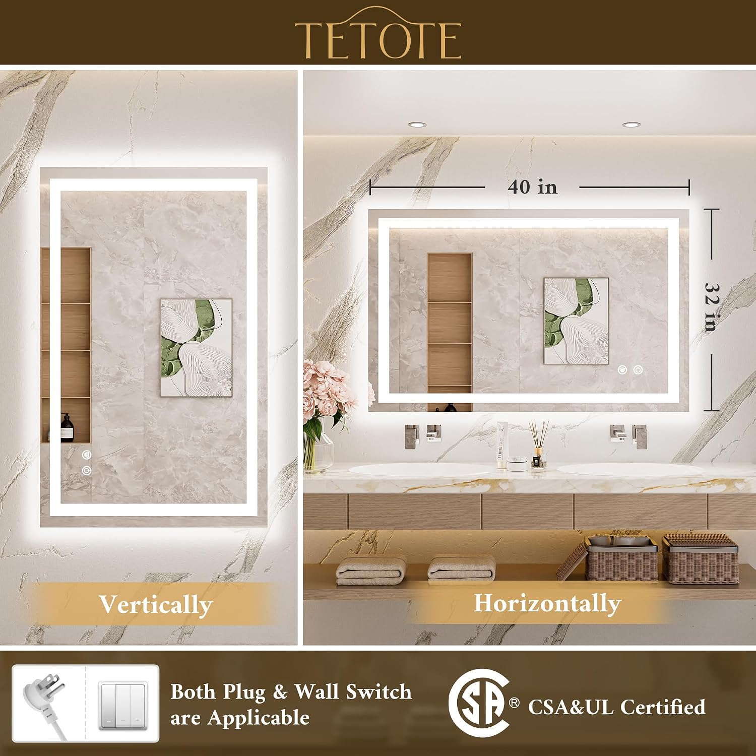 Detalle de TETOTE 40" x 32" LED Bathroom Mirror, Anti-Fog, 3-Colour Dimming