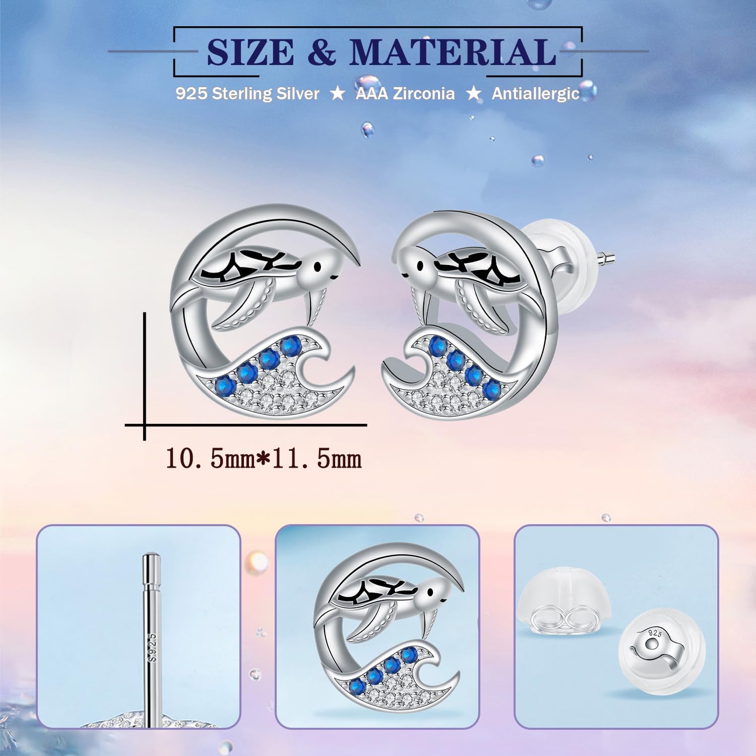 Detalle de BerriBling Boucles d'oreilles Tortue en argent sterling 925 – design élégant pour femmes et filles