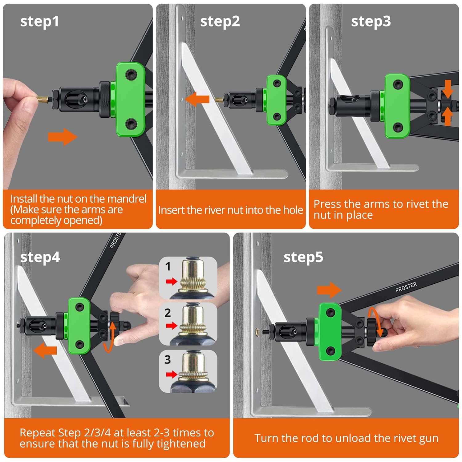 Detalle de Proster 14" Heavy Duty Rivet Nut Gun Kit, 6 Mandrels and 150 Nuts