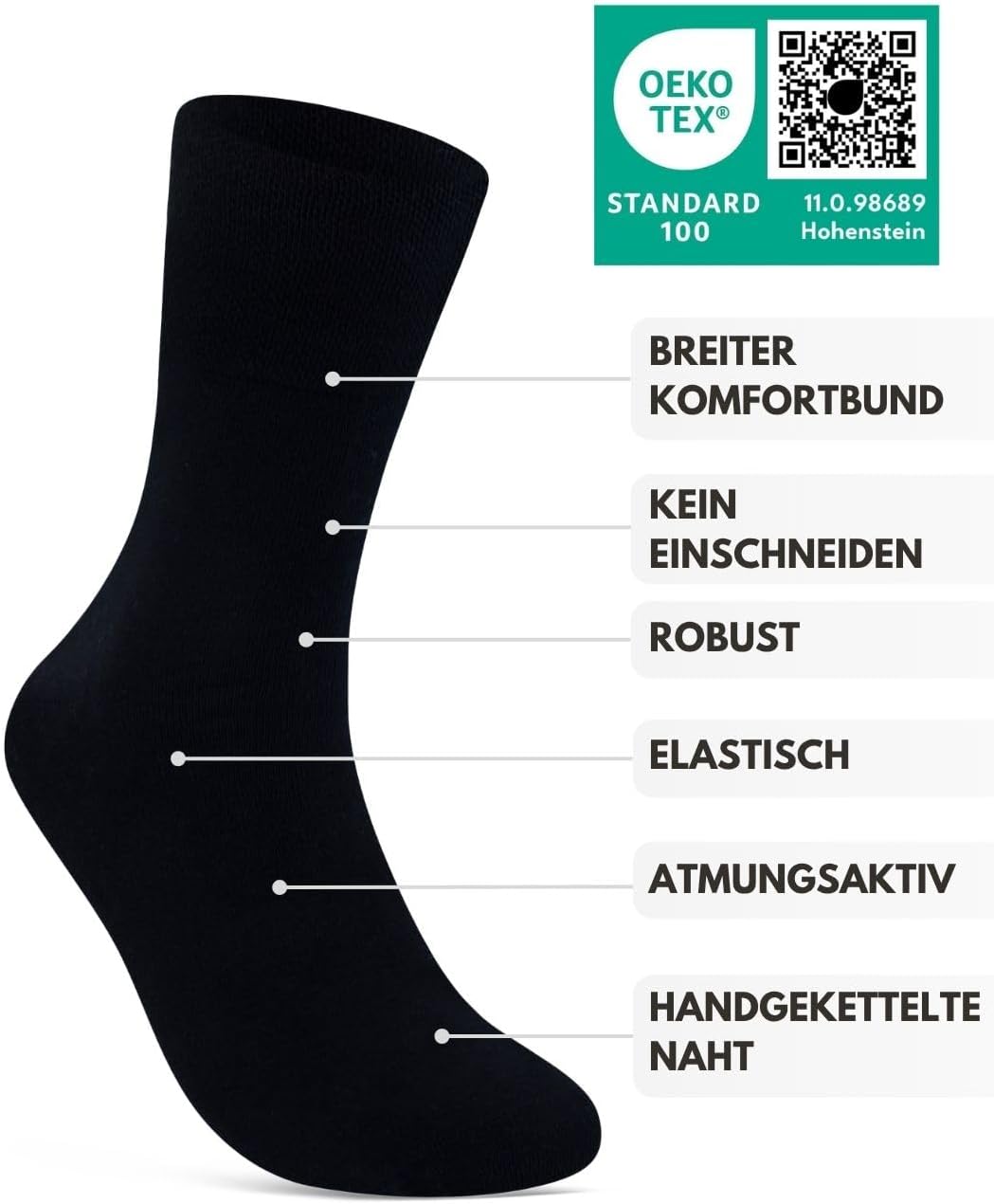 Detalle de Diabetikersocken ohne Gummi & Naht – 97% Baumwolle, 6 Paar, Komfortbund