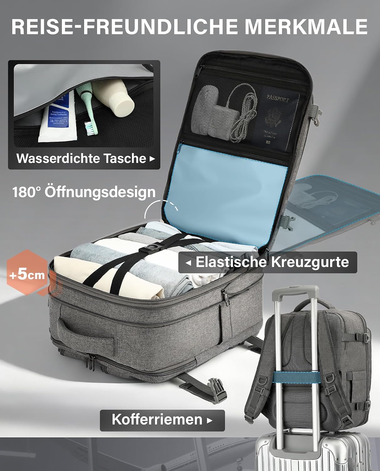 Detalle 1 de VANKEV Handgepäck-Rucksack 24–30 L für Reisen mit 15,6 Zoll Laptop