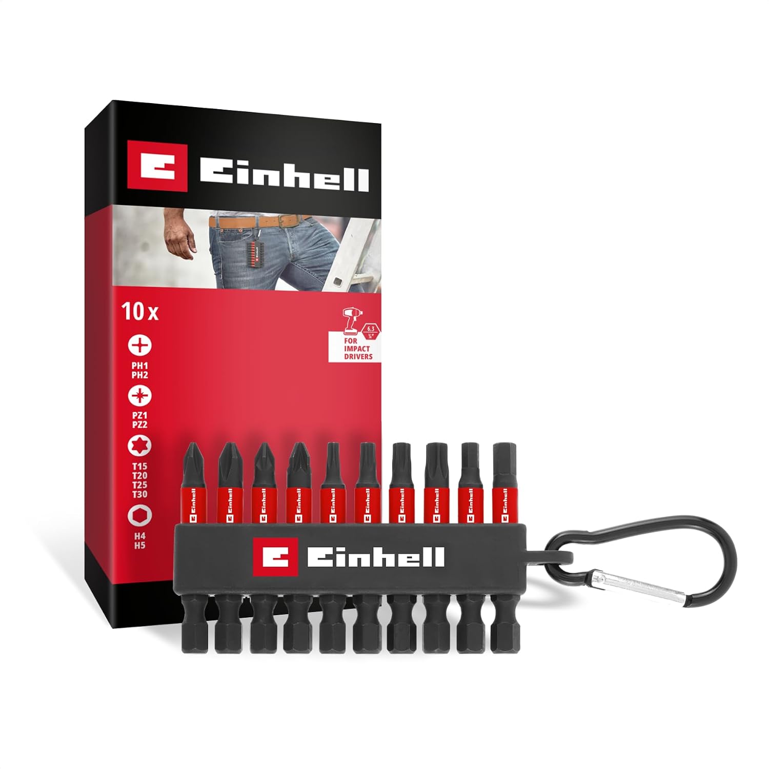 Detalle de Einhell Accessories 118633 impactbitset, 10-delig met 50 mm bits en karabijnhaak