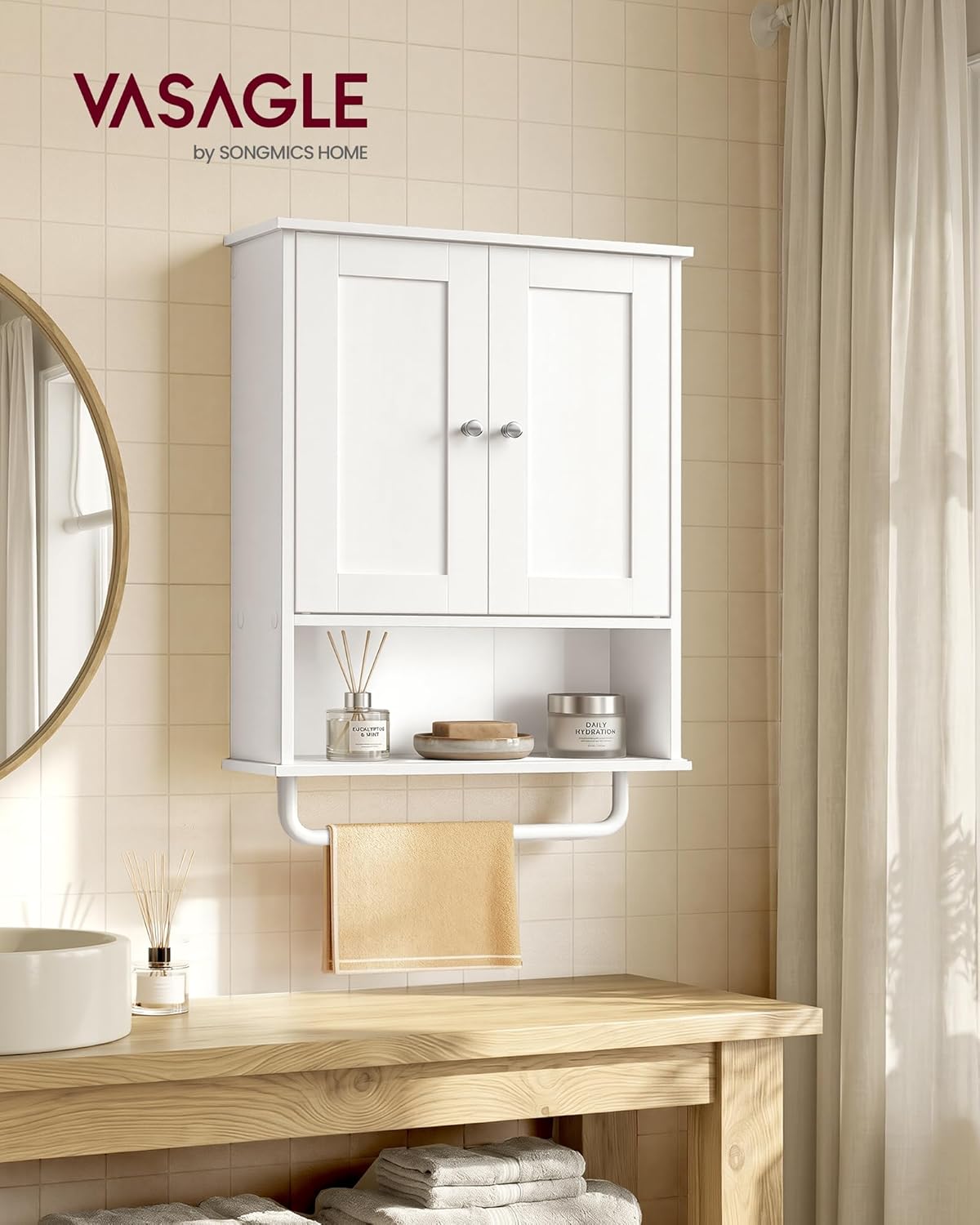 Detalle de VASAGLE SIREN Collezione: Mobile da Bagno Sospeso con Bar Porta-Asciugamani, Armadietto a Parete 56 cm, Bianco Nuvola BBK149WB01