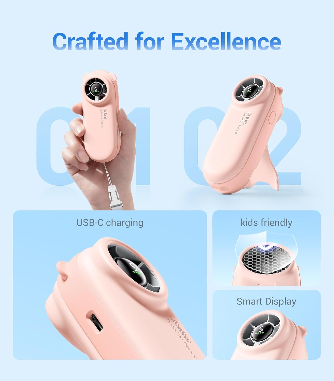 Thumbnail 4 de Diveblues Portable Handheld Turbo Fan – 4000mAh Rechargeable Pocket Fan with 5 Speeds