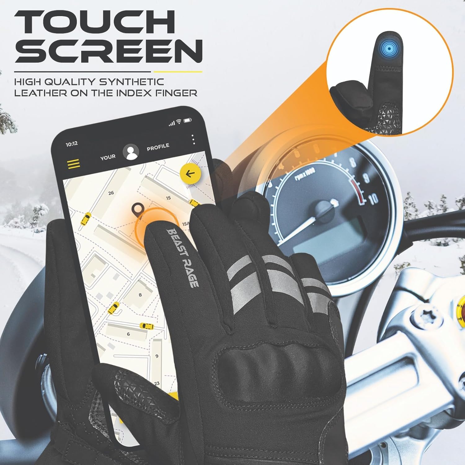 Detalle de BEAST RAGE Gants de Moto – Marché hiver, imperméables et antigel, écran tactile, protection renforcée