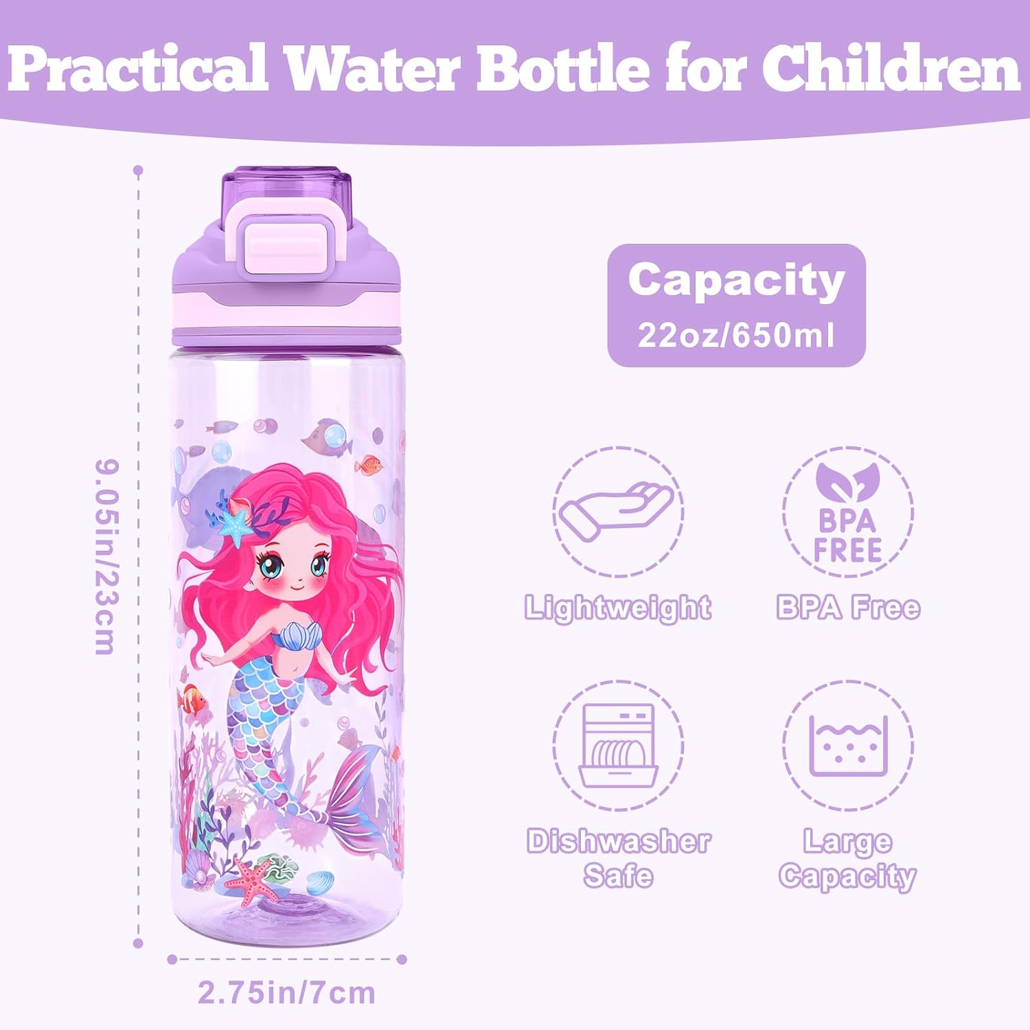 Detalle de decalsweet WX-A-0534 Kids Water Bottle, Mermaid Tritan with Handle