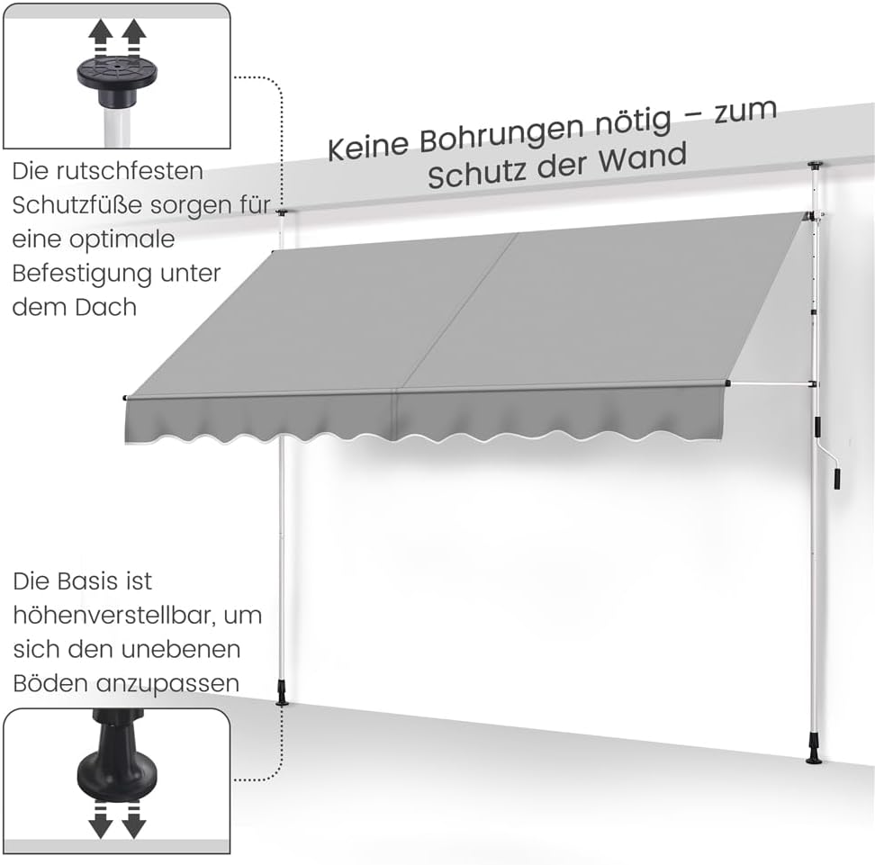 Thumbnail 4 de Yaheetech Klemmmarkise 300 cm breit mit Handkurbel – Balkonmarkise ohne Bohren, höhenverstellbar (210–300 cm) in Hellgrau