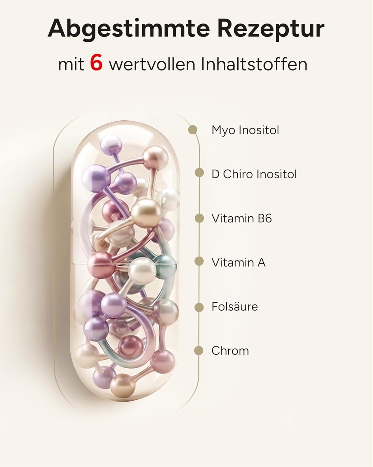 Detalle de 180 Myo-Inositol Kapseln „Hormon Balance“ für Frauen – Myo-Inositol, D-Chiro-Inositol, Folsäure, Vitamin B6 & Chrom