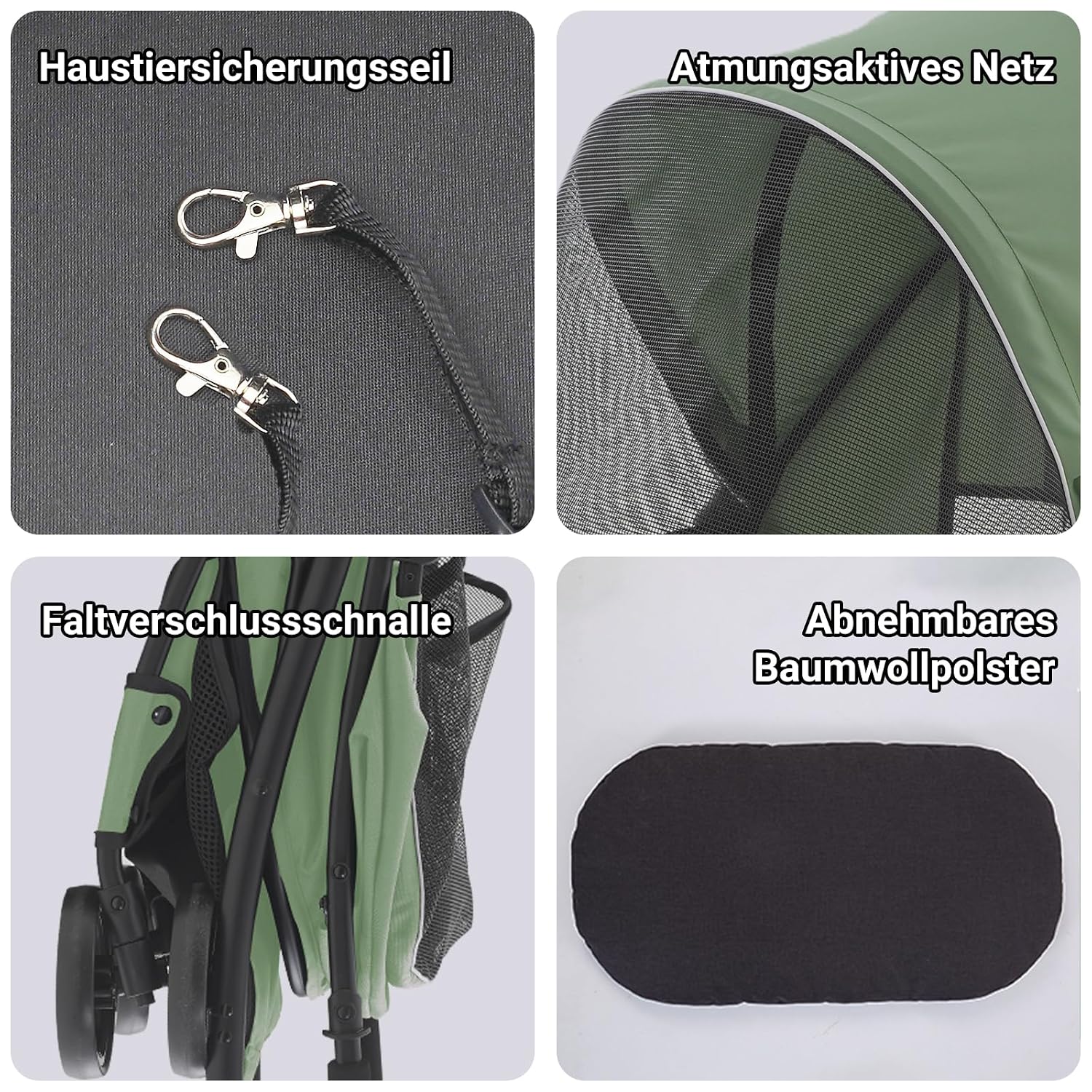 Detalle 2 de Sunny Sonny Faltbarer Jogger Haustier-Kinderwagen Grün – bis 15 kg, Wetterabdeckung, Aufbewahrungskorb und Innen-Tragetasche