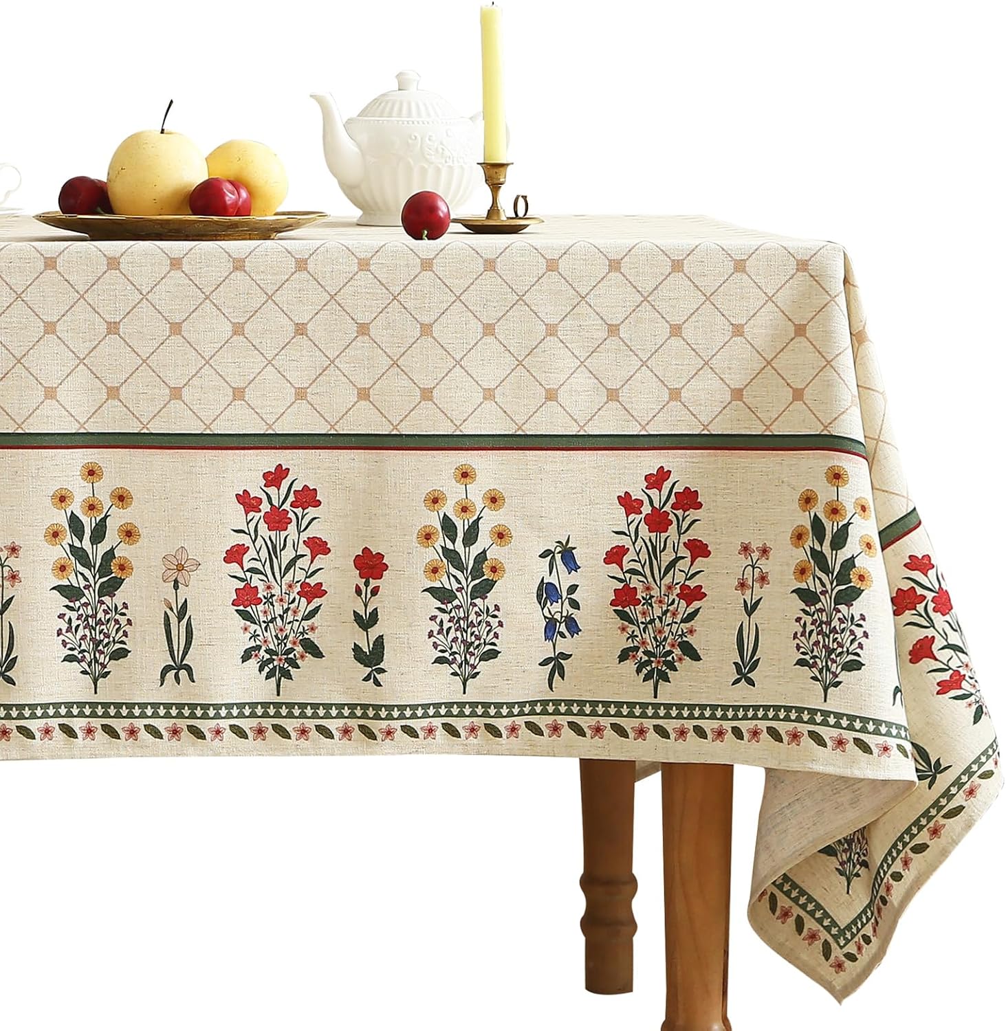 Detalle de ISAENNE Designer French Linen Rectangular Tablecloth, 110x63 inches – Bertina E, Floral Pattern