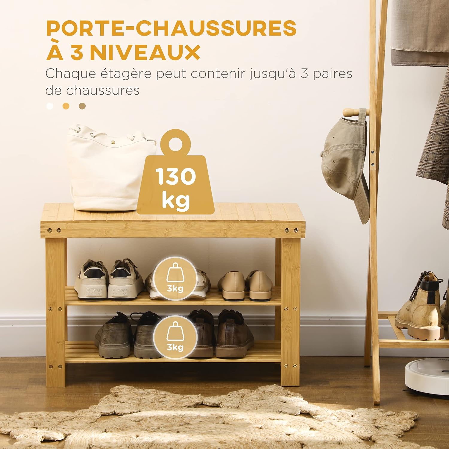 Thumbnail 3 de Banc à chaussures HOMCOM en bambou 3 niveaux — design scandinave, blanc, 70 × 28 × 45 cm