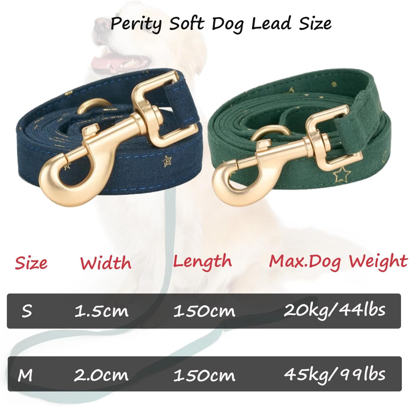 Detalle 2 de Petiry Cotton Dog Lead with Gold Star Print (150cm) – D-Ring for Poop Bag Holder