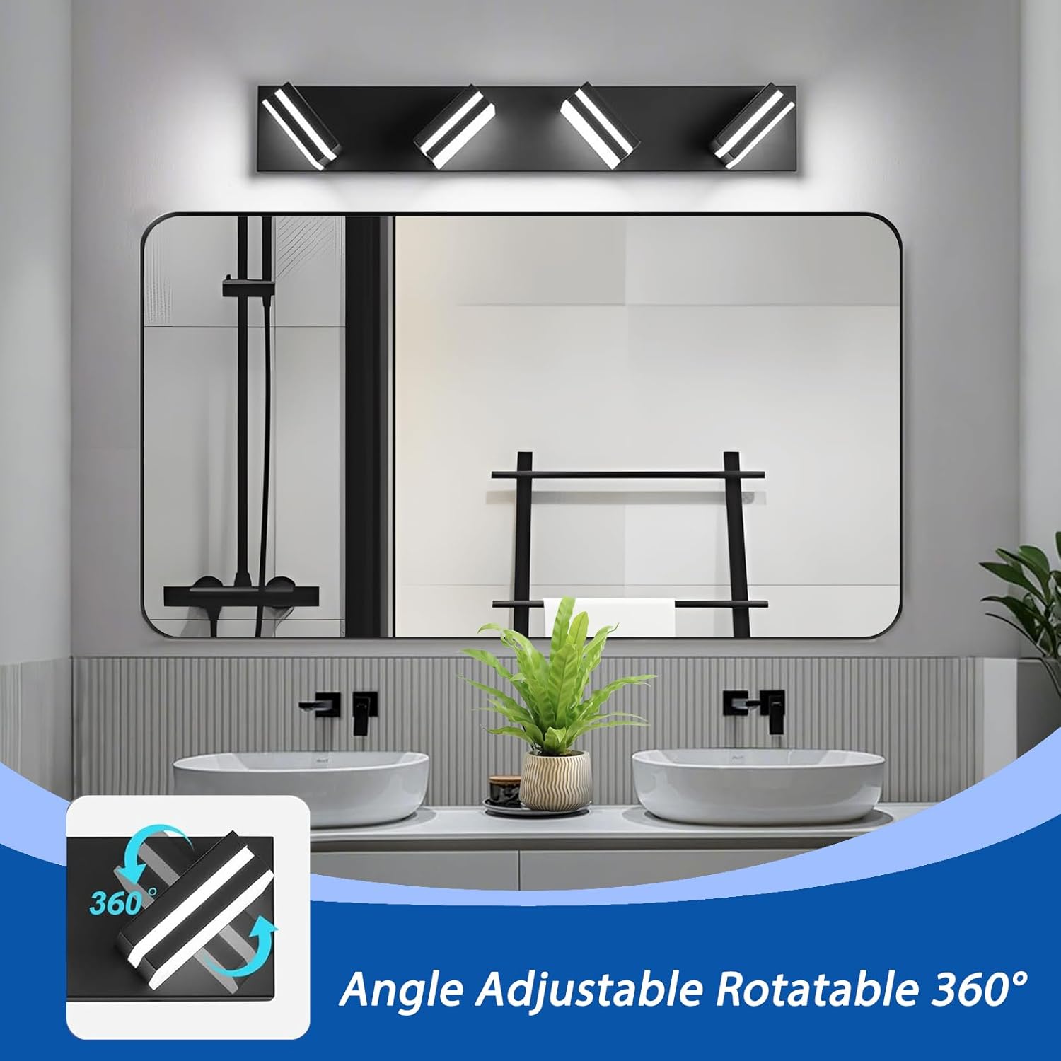 Detalle 2 de IZORRO LED Modern Bathroom Lights Fixture (4-Light, Dimmable, 360° Rotate) in Matte Black Acrylic