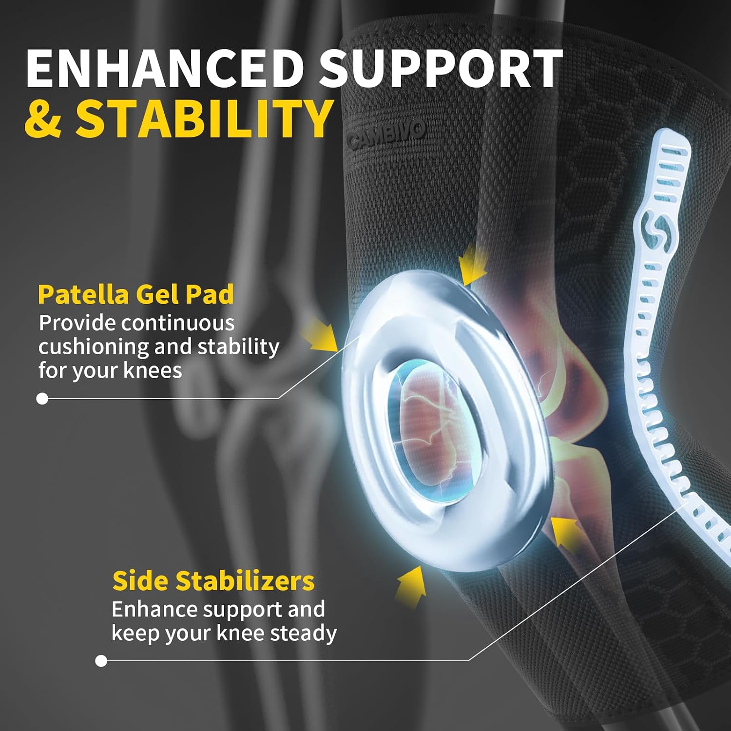 Thumbnail 4 de CAMBIVO Knee Brace with Patella Gel Pad & Side Stabilizers – 2 Pack