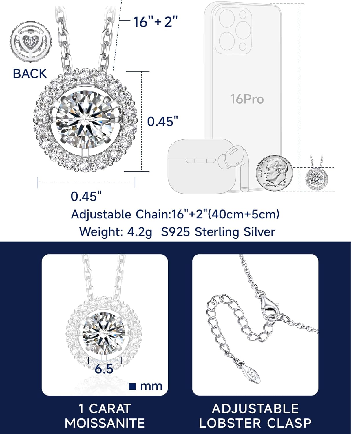 Thumbnail 6 de MomentWish Collier Femme Pendentif Moissanite Dansant 1 Carat – Argent 925, Certificat GRA
