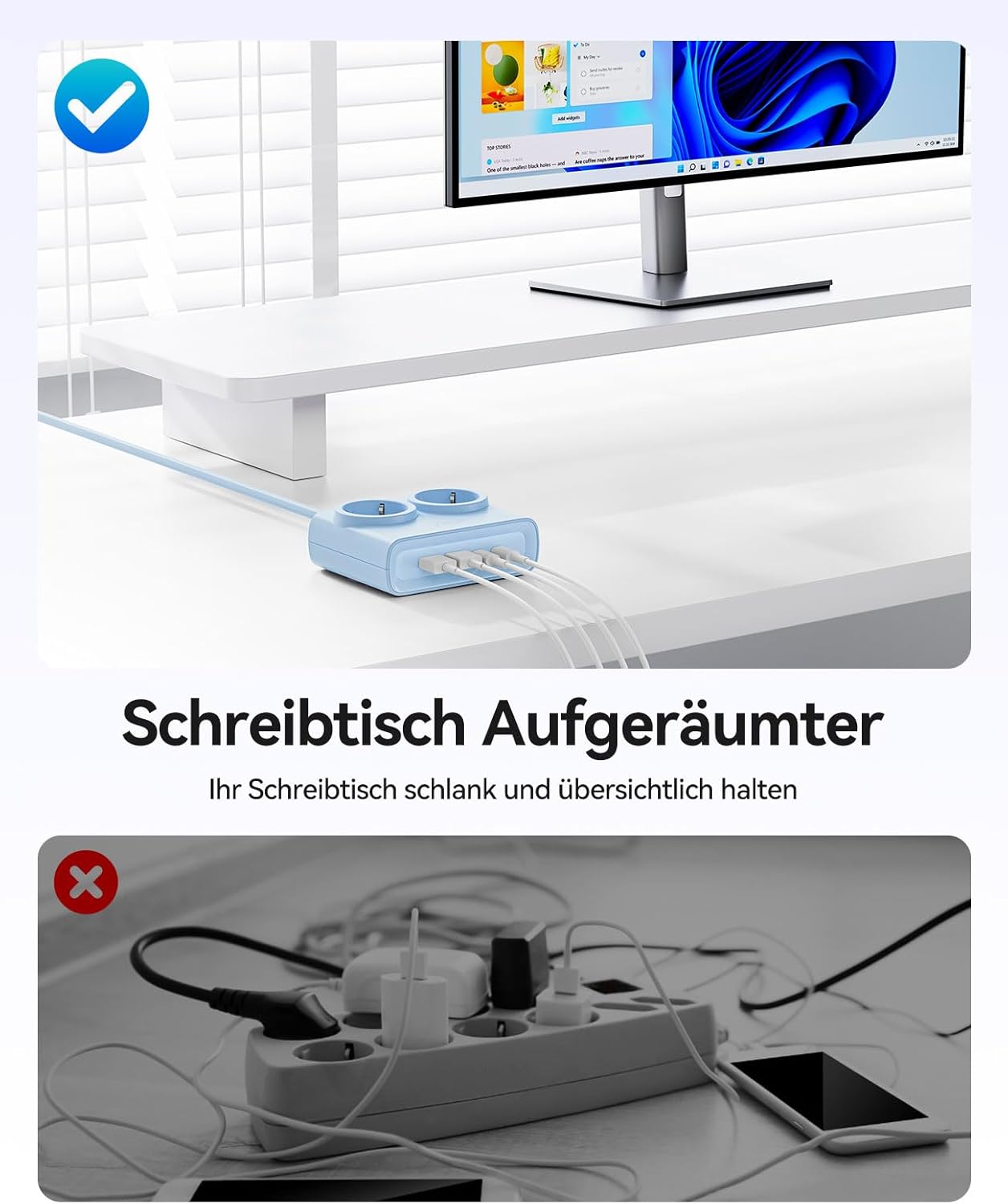 Detalle 2 de ORICO 25W GaN Mehrfachsteckdose 6-in-1 Blau – 2x AC, 2x USB-A, 2x USB-C PD, 1,6 m Kabel