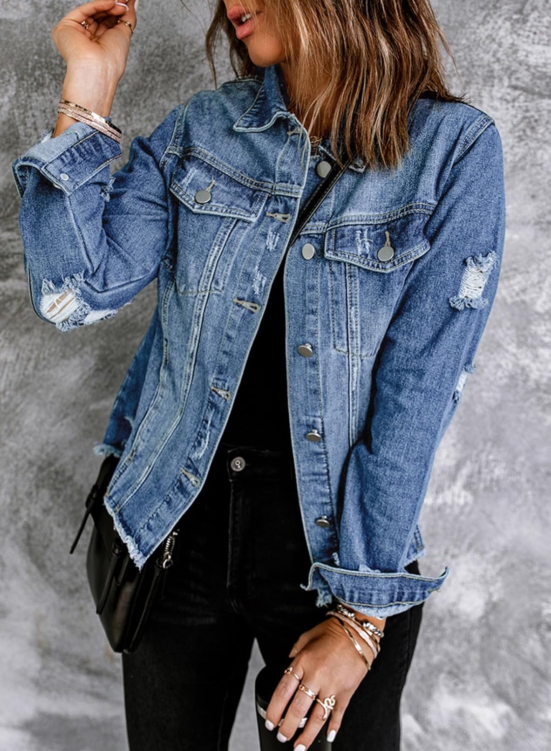 Detalle 2 de EVALESS Womens Boyfriend Washed Crop Denim Jacket