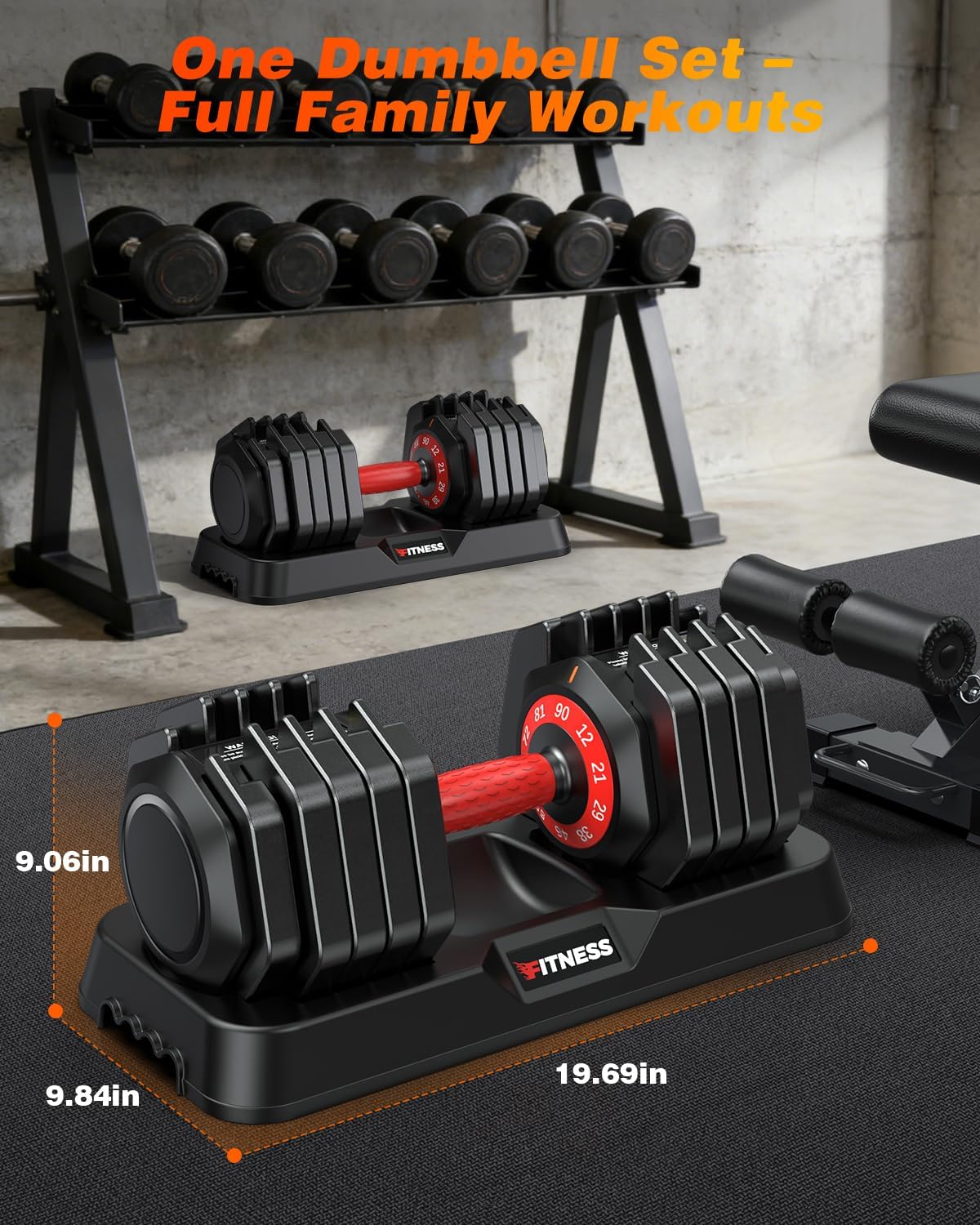 Detalle de XDDIAS Adjustable Dumbbell Set, 90 lb Pair with One-Hand Selector and Tray