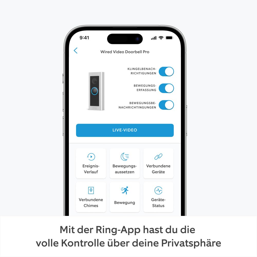 Detalle de Ring Videotürklingel Pro Kabel (kabelgebunden) + Netzteil – Klingel mit Kamera, 1536p HD und 3D-Bewegung