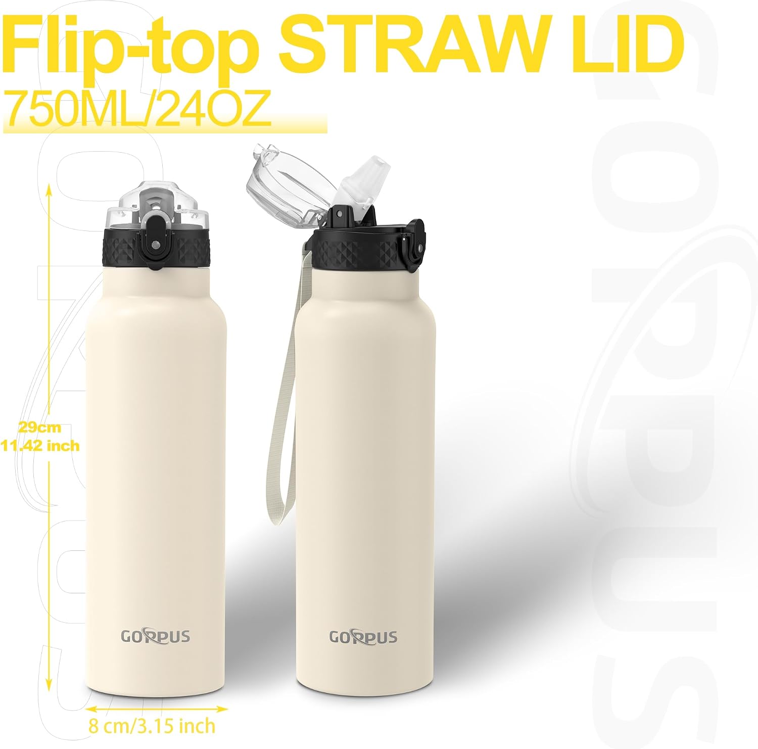 Detalle 2 de GOPPUS 750ml Stainless Steel Water Bottle with Straw – Double Wall Vacuum Insulated, Leakproof Flip Top Lid, Strap