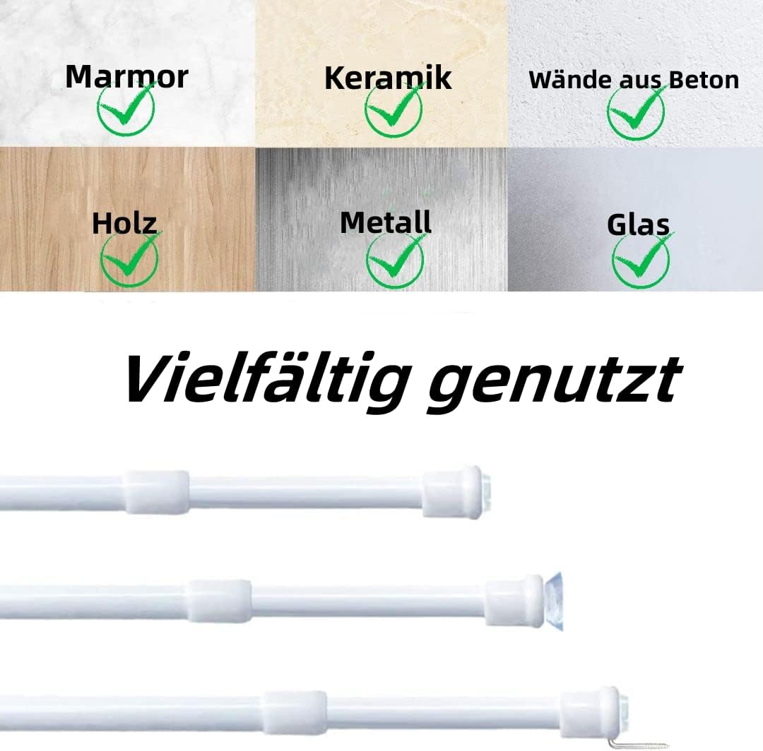 Detalle de GDEVKHN 3er Gardinenstange ohne Bohren (Klemmstange) ausziehbar 60–105 cm, wählbare Befestigung für Regale & Fenster – Weiß