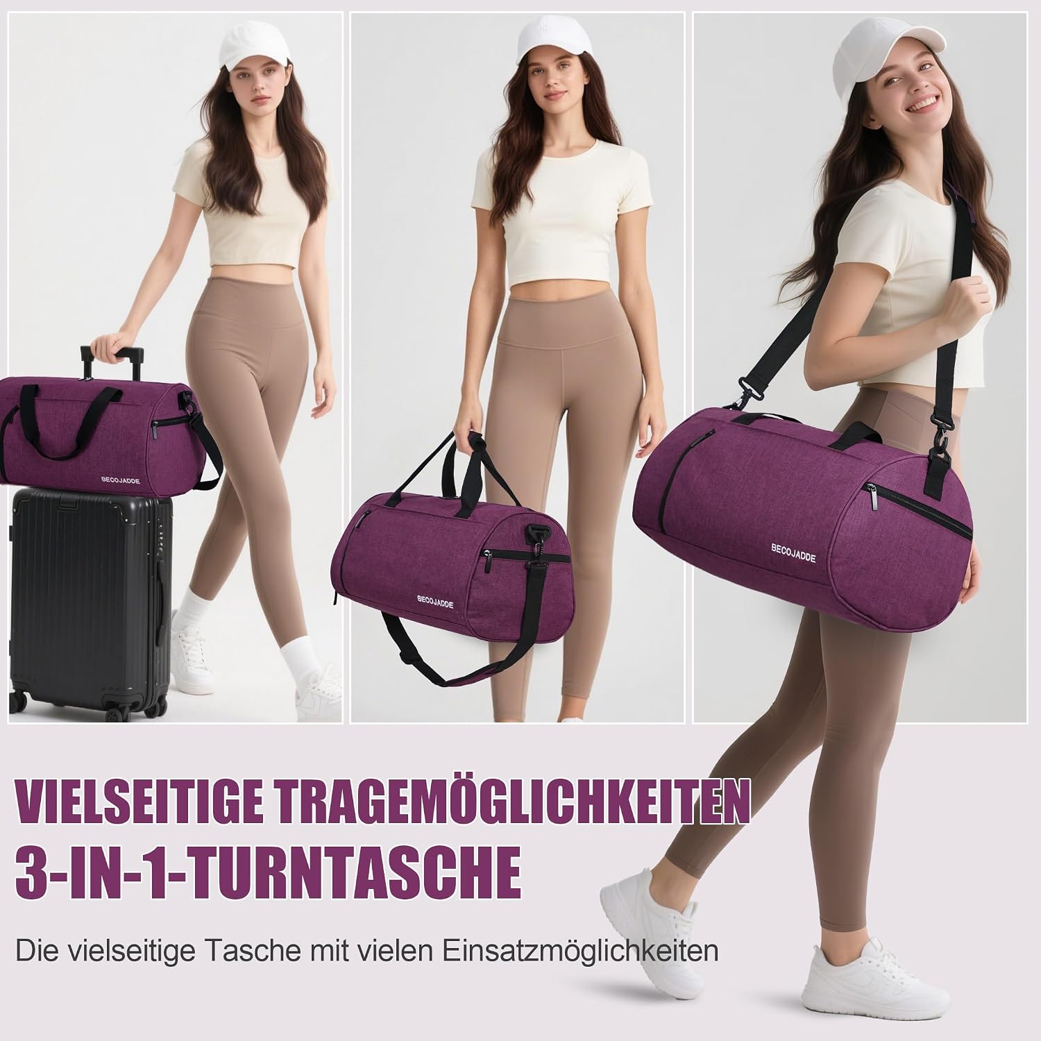 Detalle 2 de BECOJADDE 35L Sporttasche Damen & Herren – multifunktionale Reisetasche mit Schuhfach & Nassfach, wasserdichtes Handgepäck-Upgrade in Lila