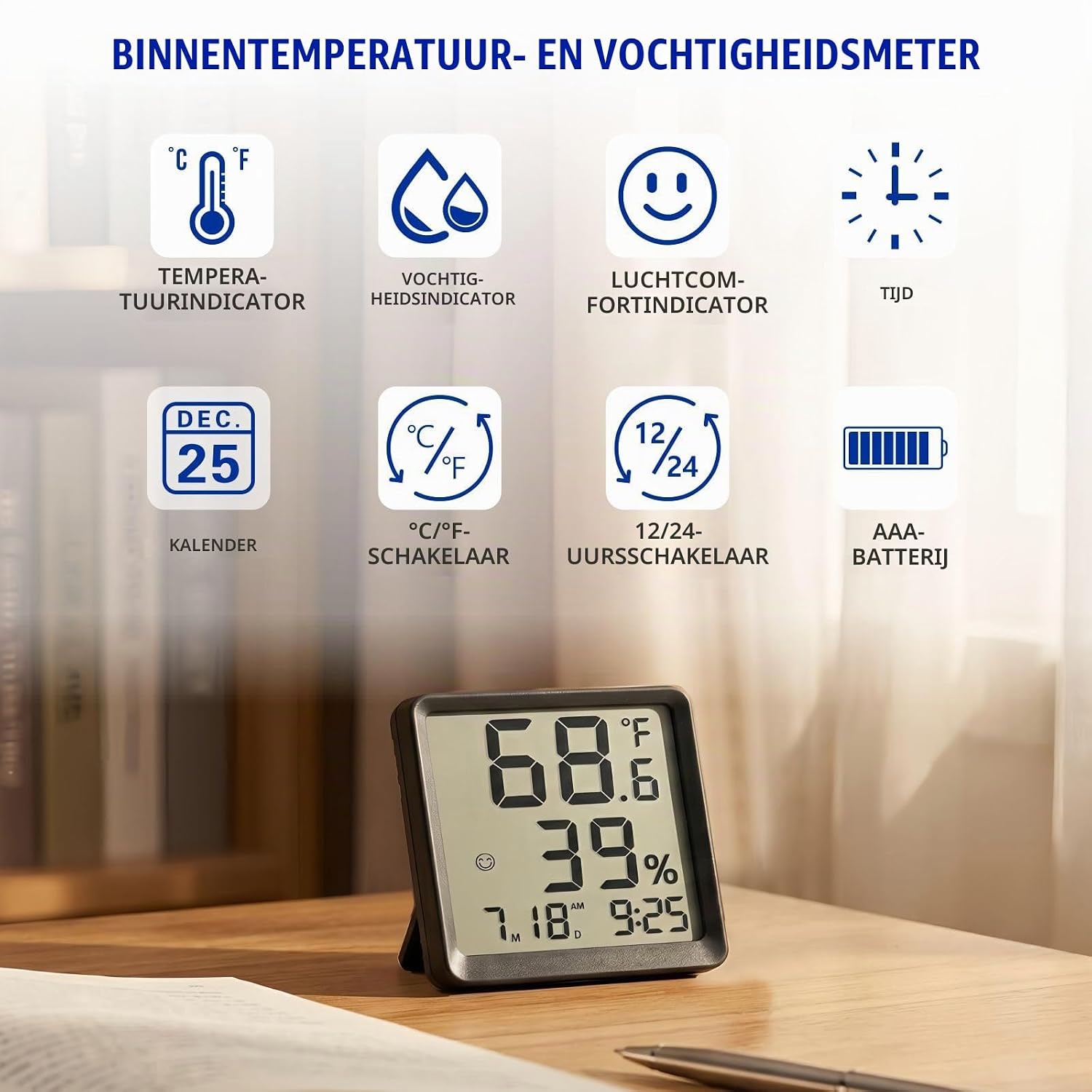 Detalle 2 de Plumeet VLEU-8052-BL digitale hygrometer en thermometer met klok