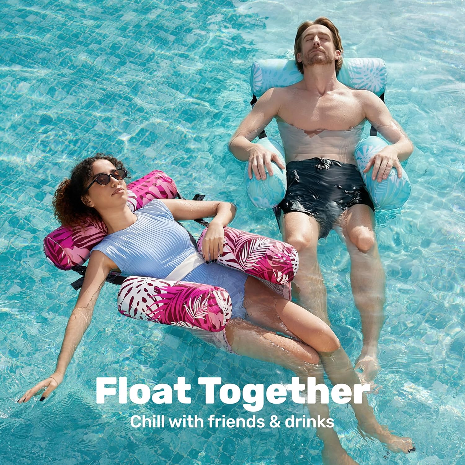 Thumbnail 2 de SLOOSH Inflatable Pool Lounge Chairs (2-Pack) with Mesh Sling & Tropical Design