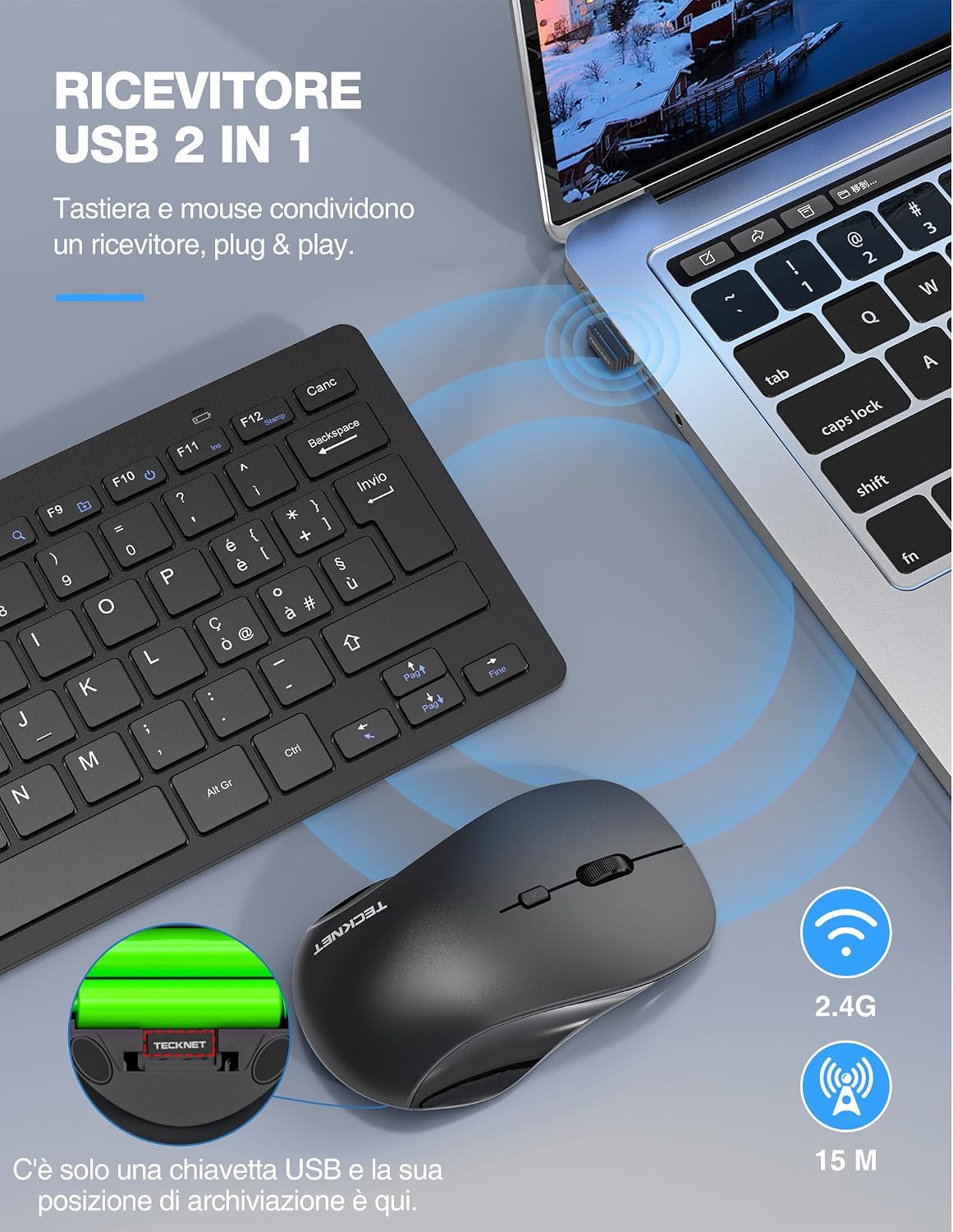 Detalle de TECKNET Set Tastiera e Mouse Wireless 2.4G Silenzioso con Ricevitore Nano USB – layout Italiano