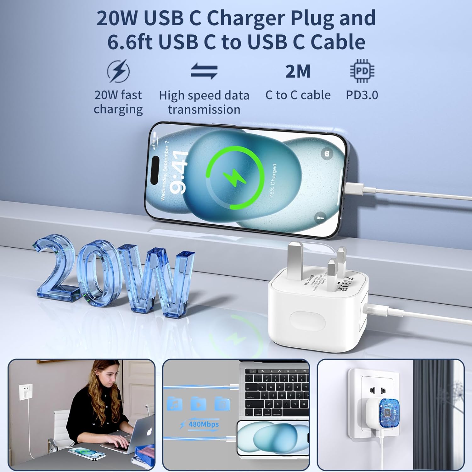 Thumbnail 1 de Apple iPhone 17 USB‑C 20W PD charger with 6ft cable