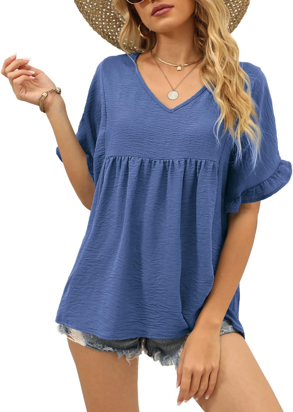 Detalle 1 de WIHOLL Women’s V-Neck Ruffle Sleeve Babydoll Peplum Top (Casual Loose Fit)
