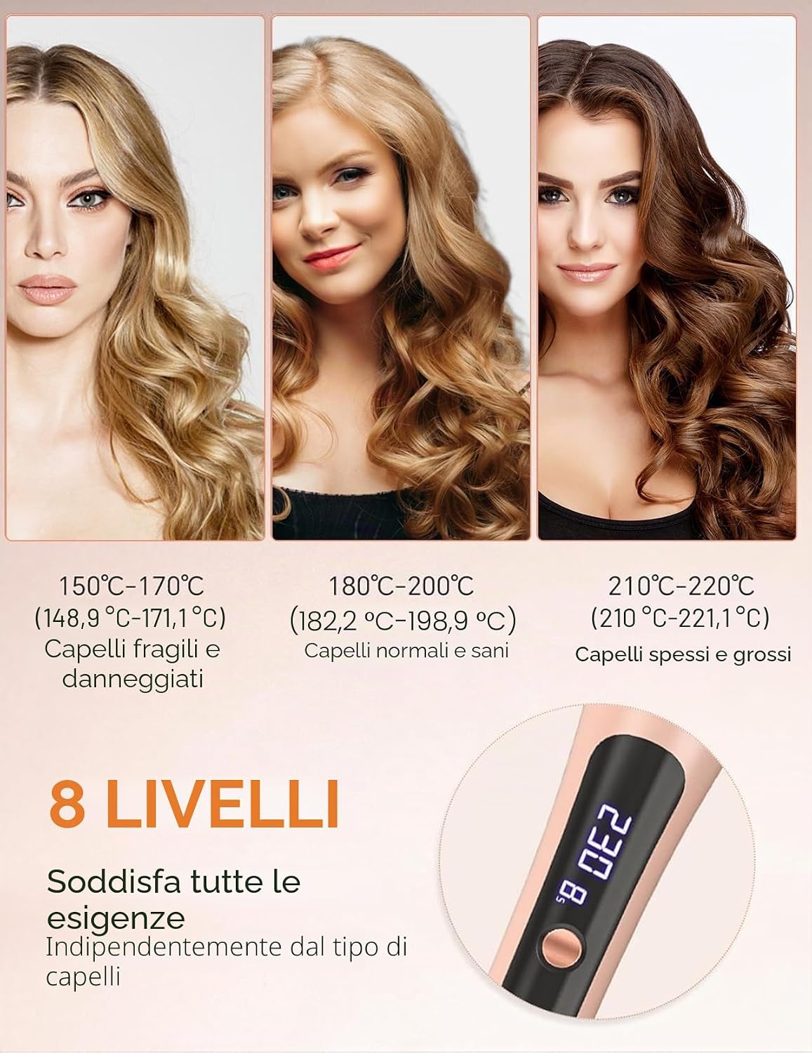 Thumbnail 6 de LANDOT Ferro Arricciacapelli Automatico 25 mm Oro Rosa – anti-scottatura, 8 temperature 150–220°C