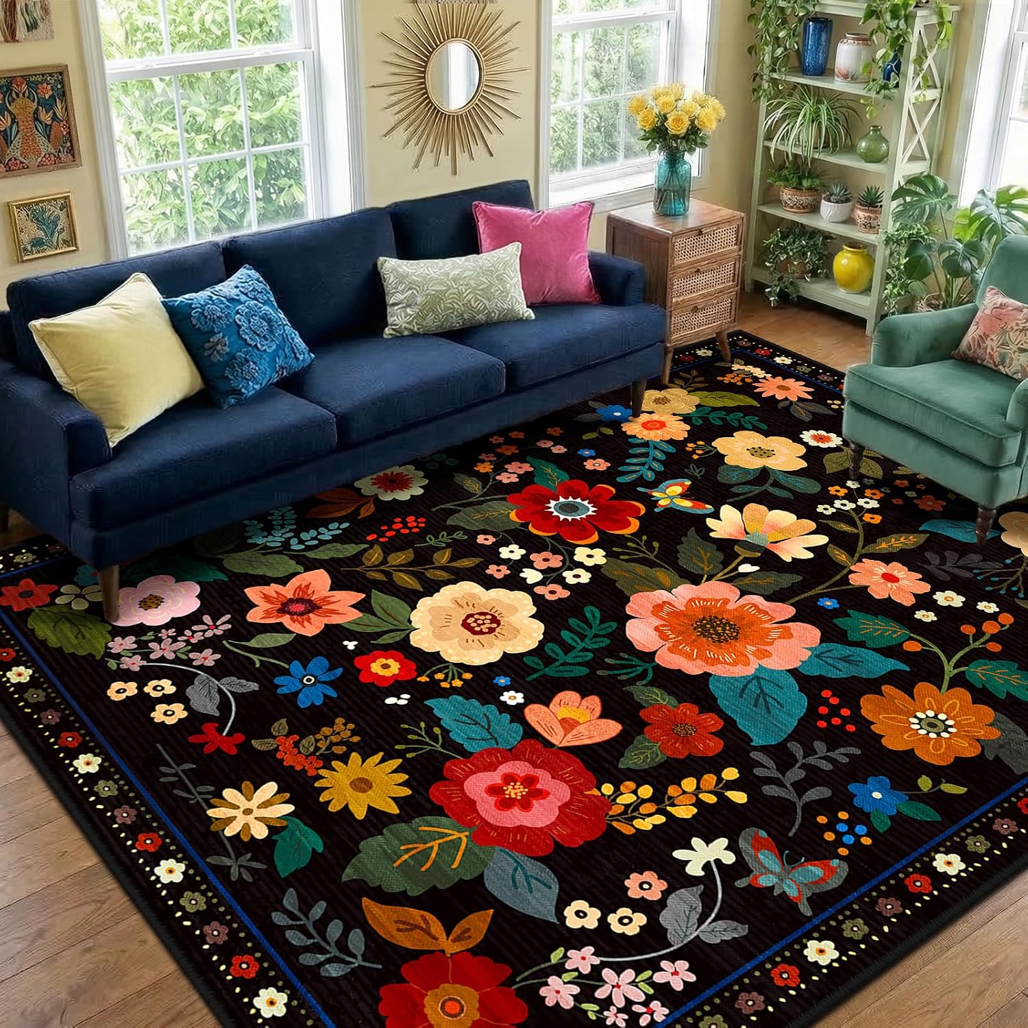 Detalle de RELEANY d-greenfield Floral 8' x 10' Area Rug, Black, Washable, Non-Slip