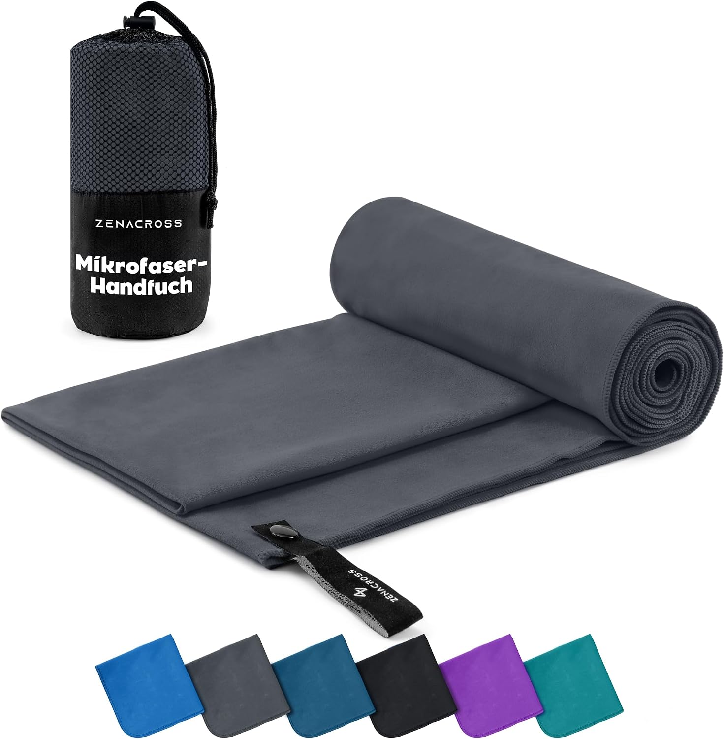 Detalle de ZENACROSS Mikrofaser Handtuch mit Transportbeutel (M, 140 x 70 cm) – schnelltrocknend, dunkelgrau