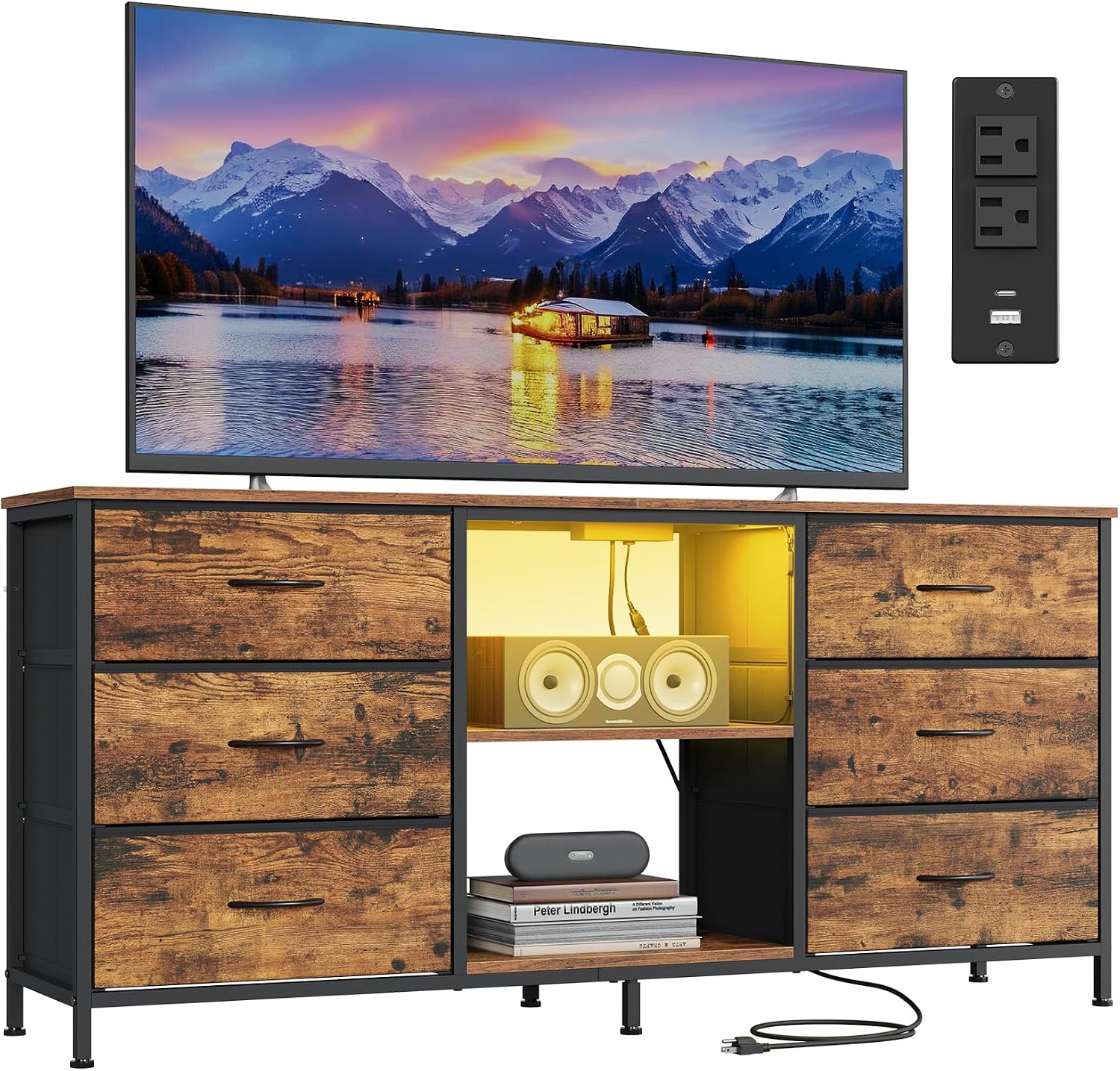 Detalle de SONGMICS ULGS132K101 TV Stand, Rustic Brown, 6 Drawers and 2 Shelves