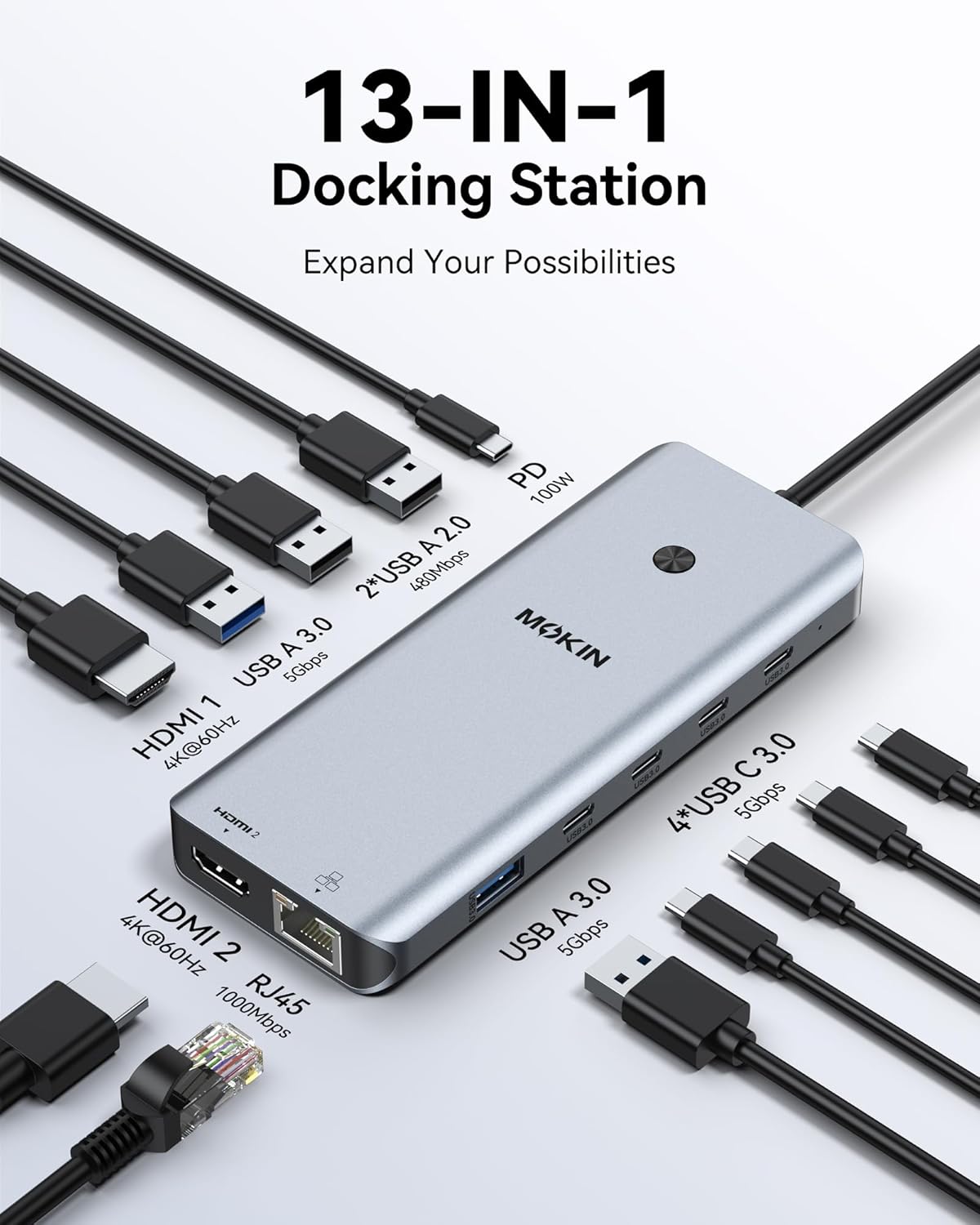 Thumbnail 1 de MOKiN Dual Monitor USB-C Docking Station (2 HDMI, RJ45, 100W PD) — 13-in-1 Hub for Dell/HP/Lenovo