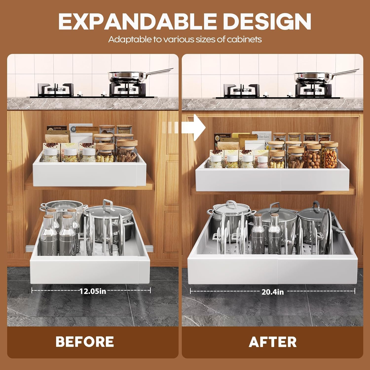 Detalle de Seinloes 4-Pack Expandable Pull-Out Cabinet Organizer (21" Deep) with Dividers & Roll-Out Shelves, Adjustable 12.05"–20.4", White