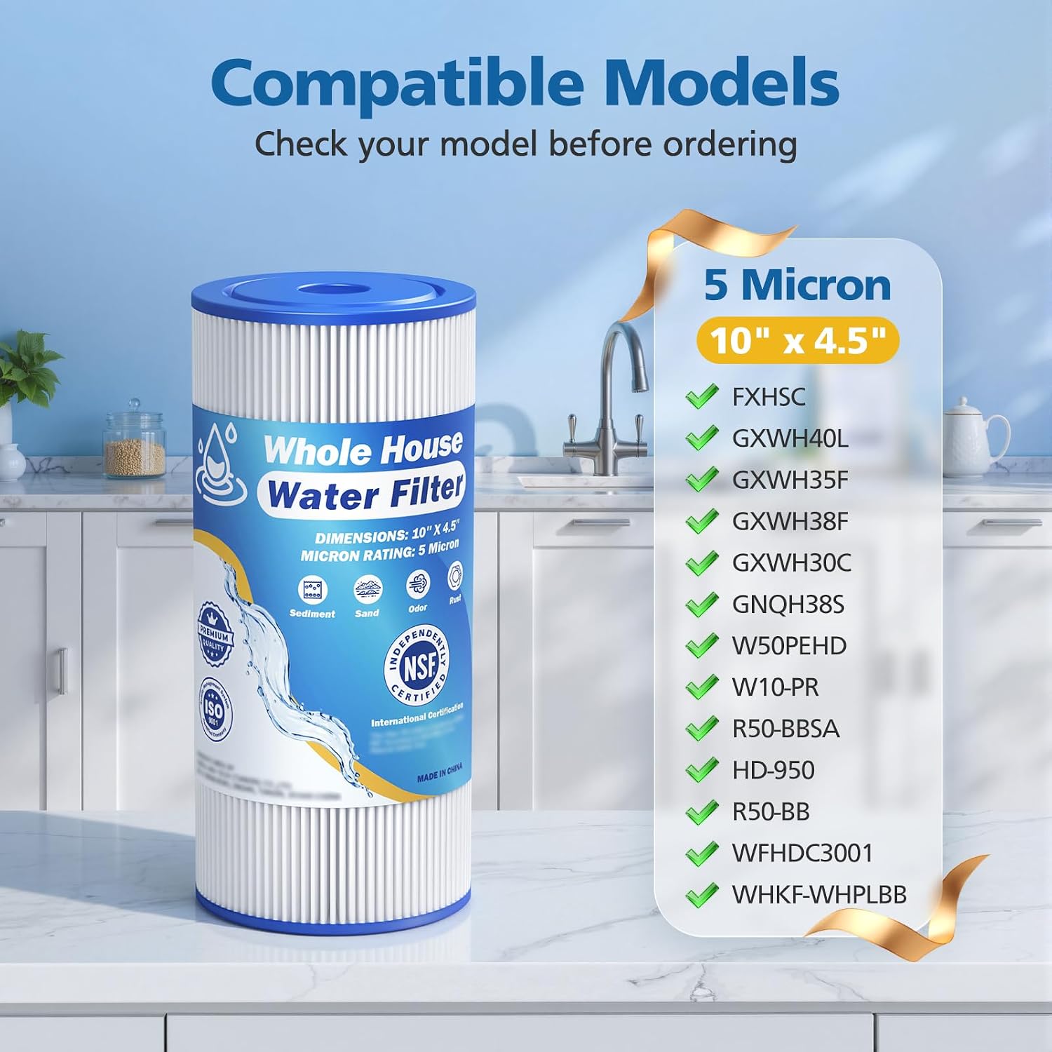 Detalle 2 de 5 Micron 10" x 4.5" Whole House Water Filter Replacement (4-Pack) for GE FXHSC / DuPont WFHDC3001 and more