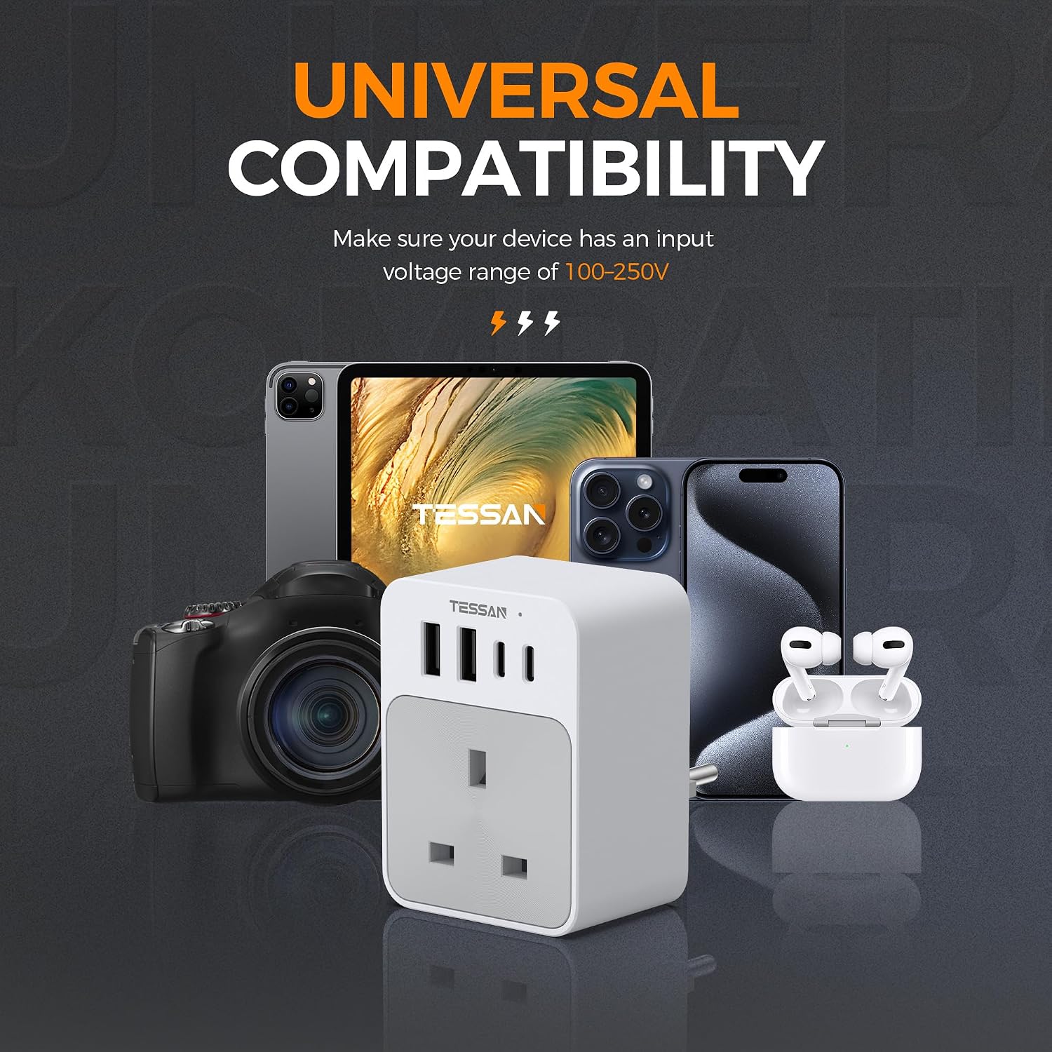 Detalle de TESSAN UK to European Plug Adapters (2 Pack) – Grounded, 4 USB Ports (2 USB-C) – Type E/F