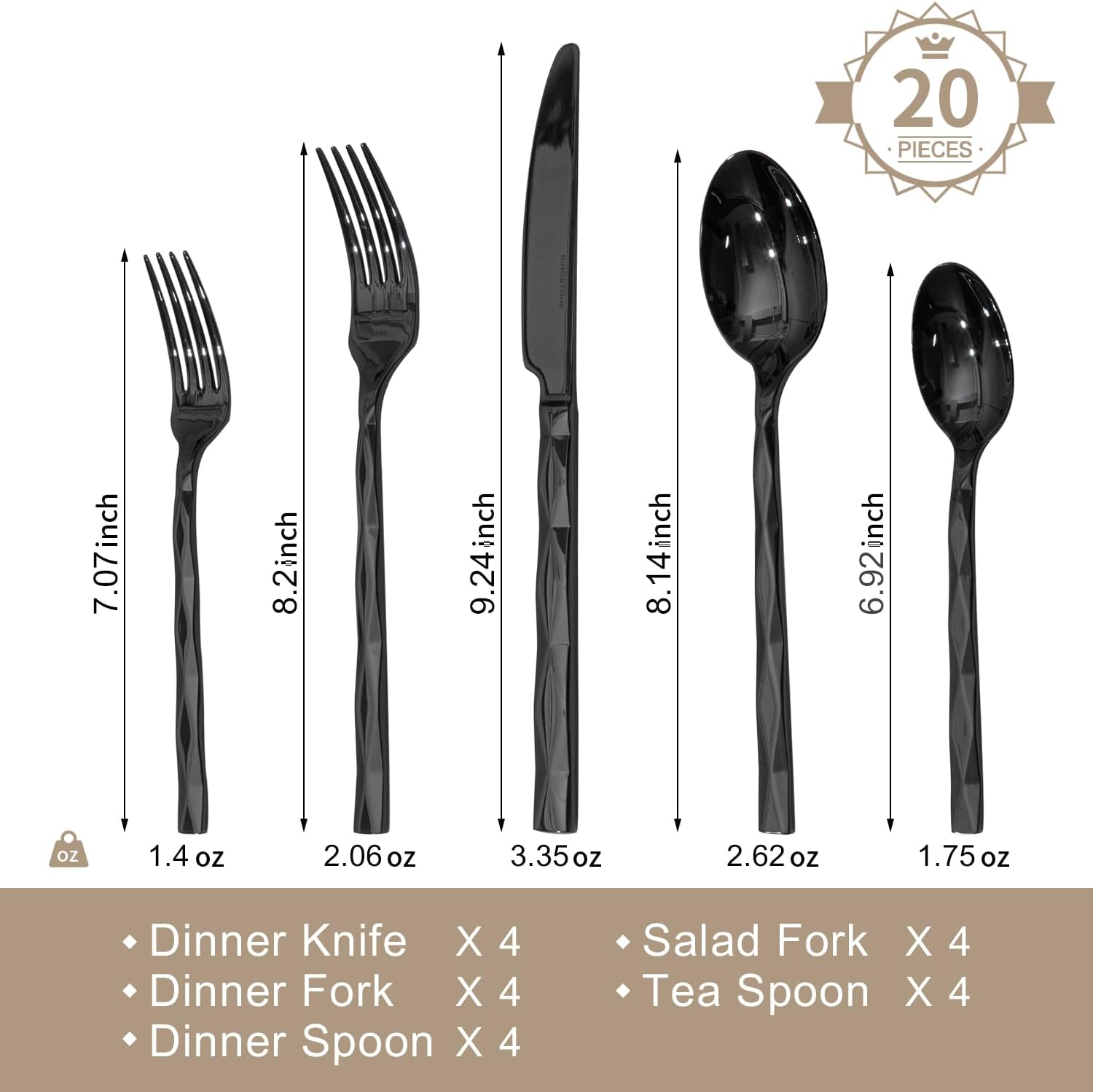 Detalle 2 de KINGSTONE Black 20-Piece Flatware Set with Diamond Cut Pattern 🍽