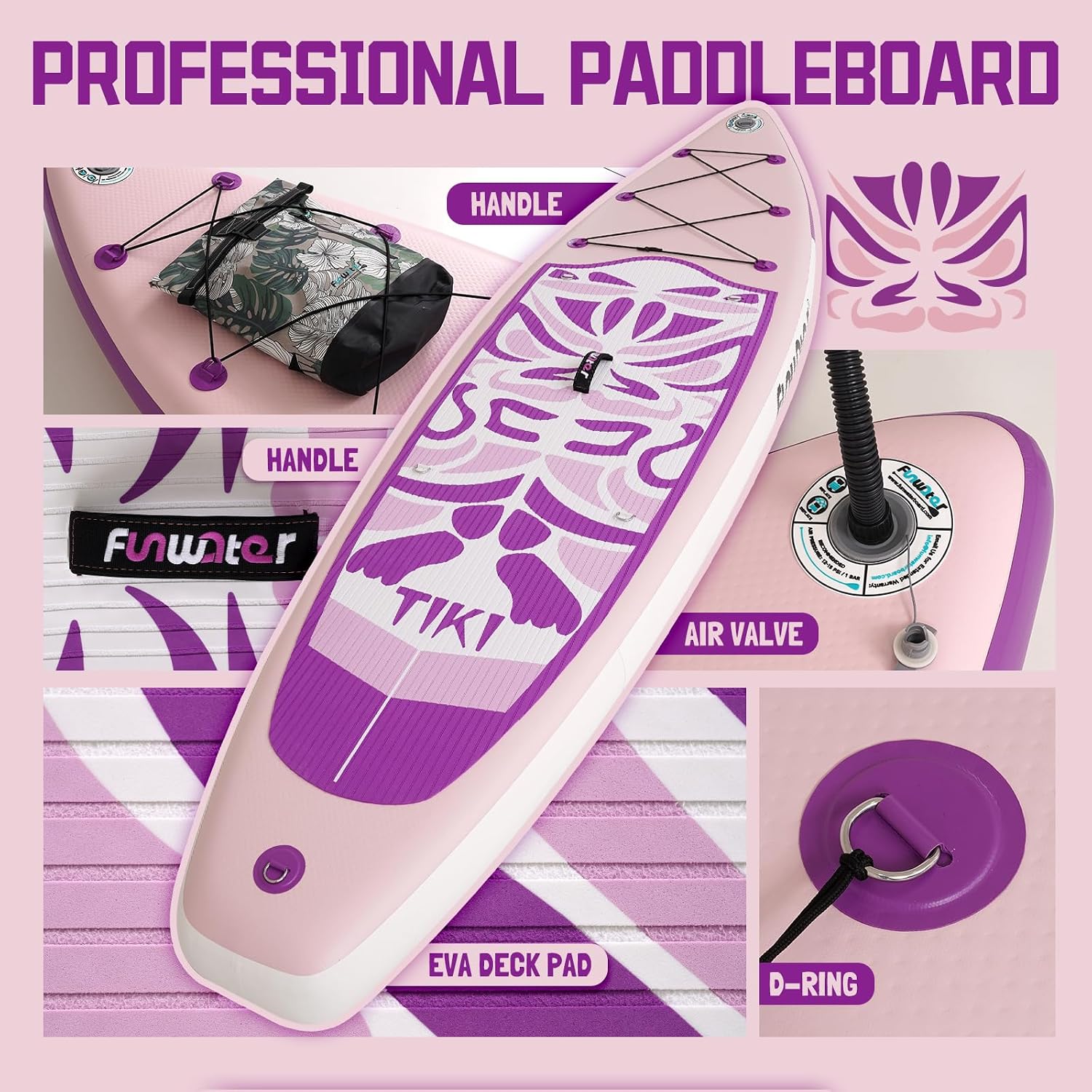 Detalle de FunWater TIKI Inflatable Stand Up Paddle Board (ISUP) – All-in-One Pack for Beginners and Enjoyable Paddling